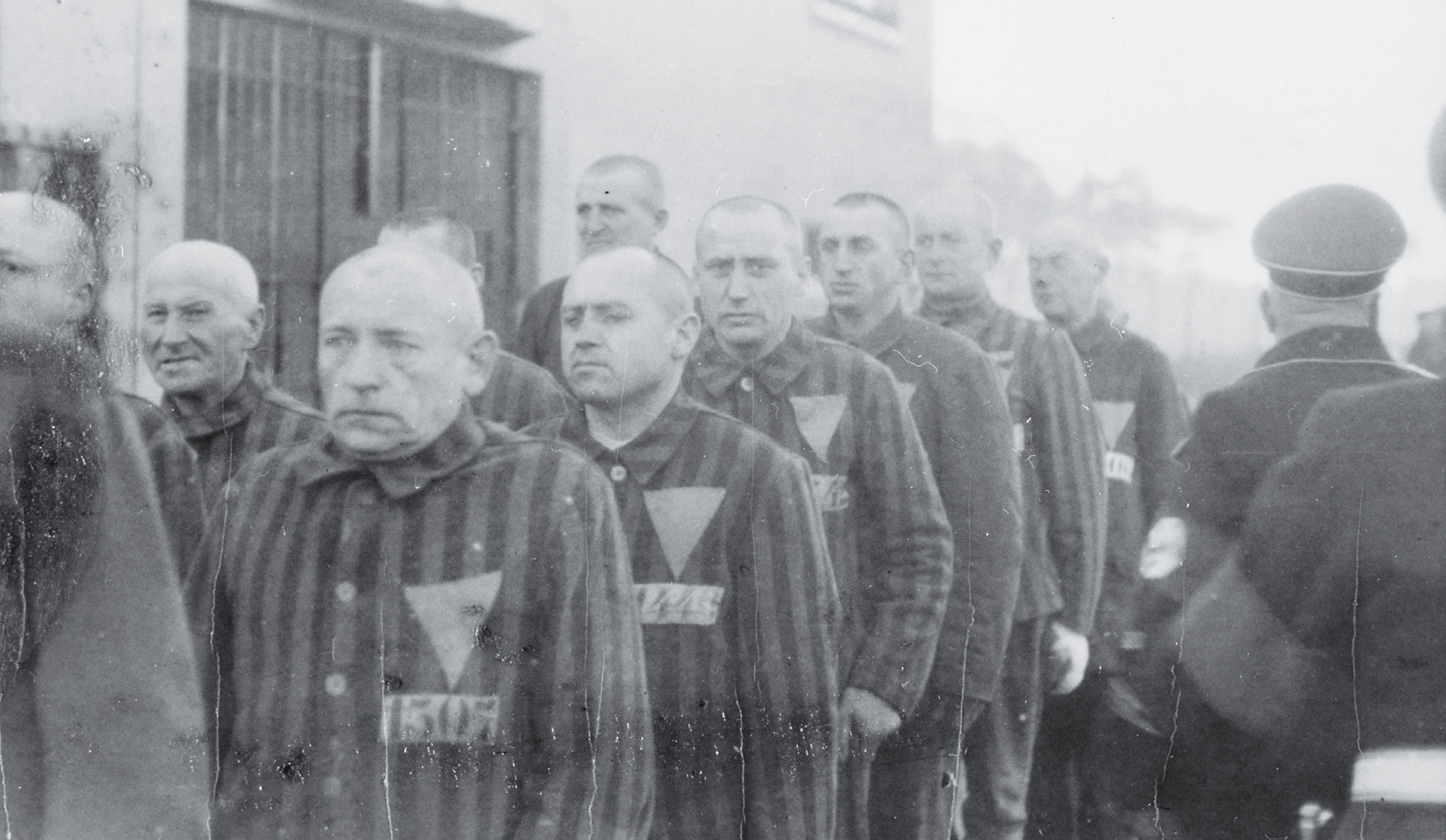 A black-and-white photograph of men in striped uniforms standing in a line, each with a large triangle patch on their chest, while uniformed guards stand nearby.