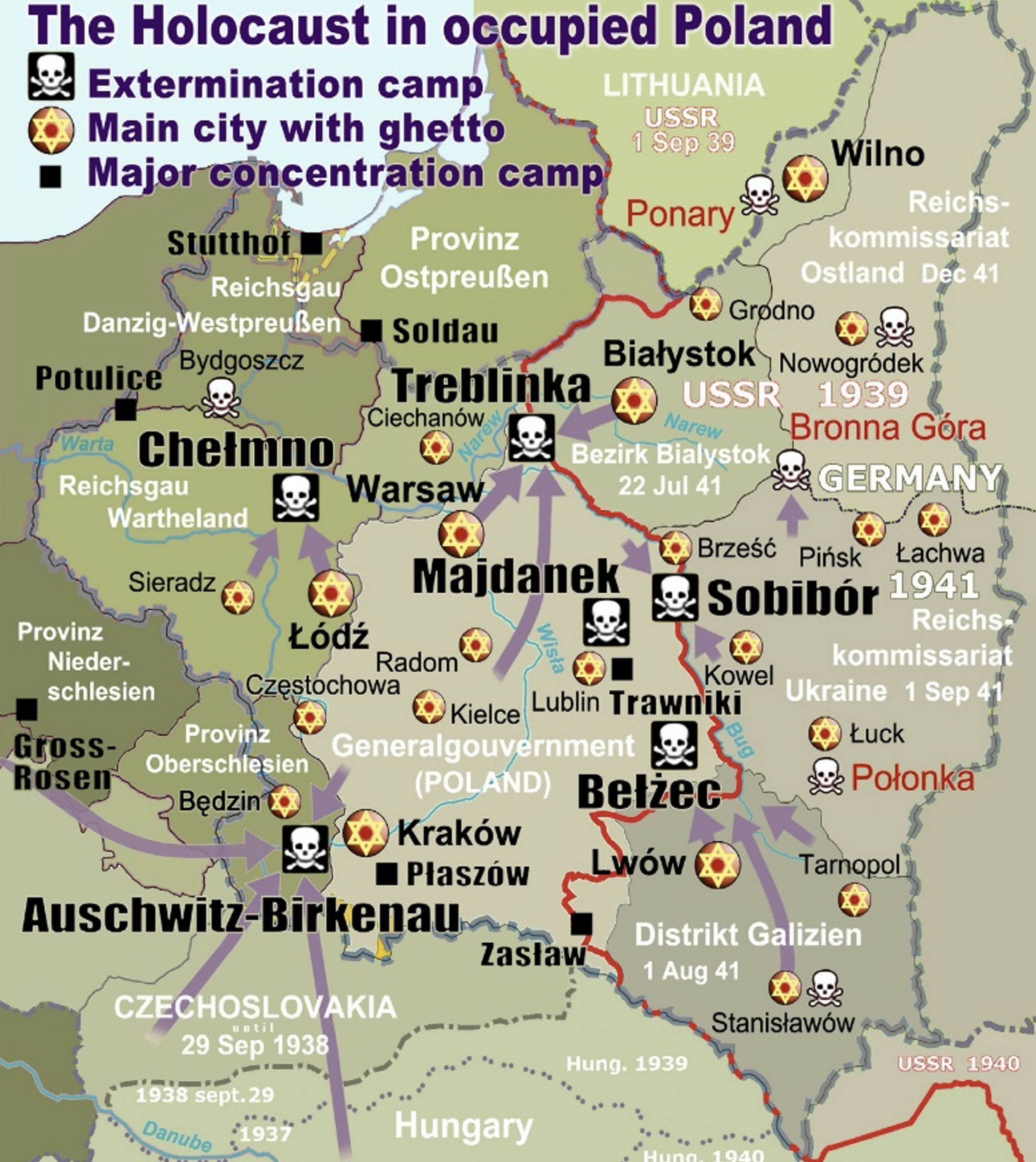 A color map titled “The Holocaust in occupied Poland,” marked with skull icons for extermination camps, purple squares for major concentration camps, and red circles for main cities with ghettos. Labels highlight locations such as Auschwitz-Birkenau, Treblinka, Sobibór, Majdanek, Chełmno, and Bełżec.