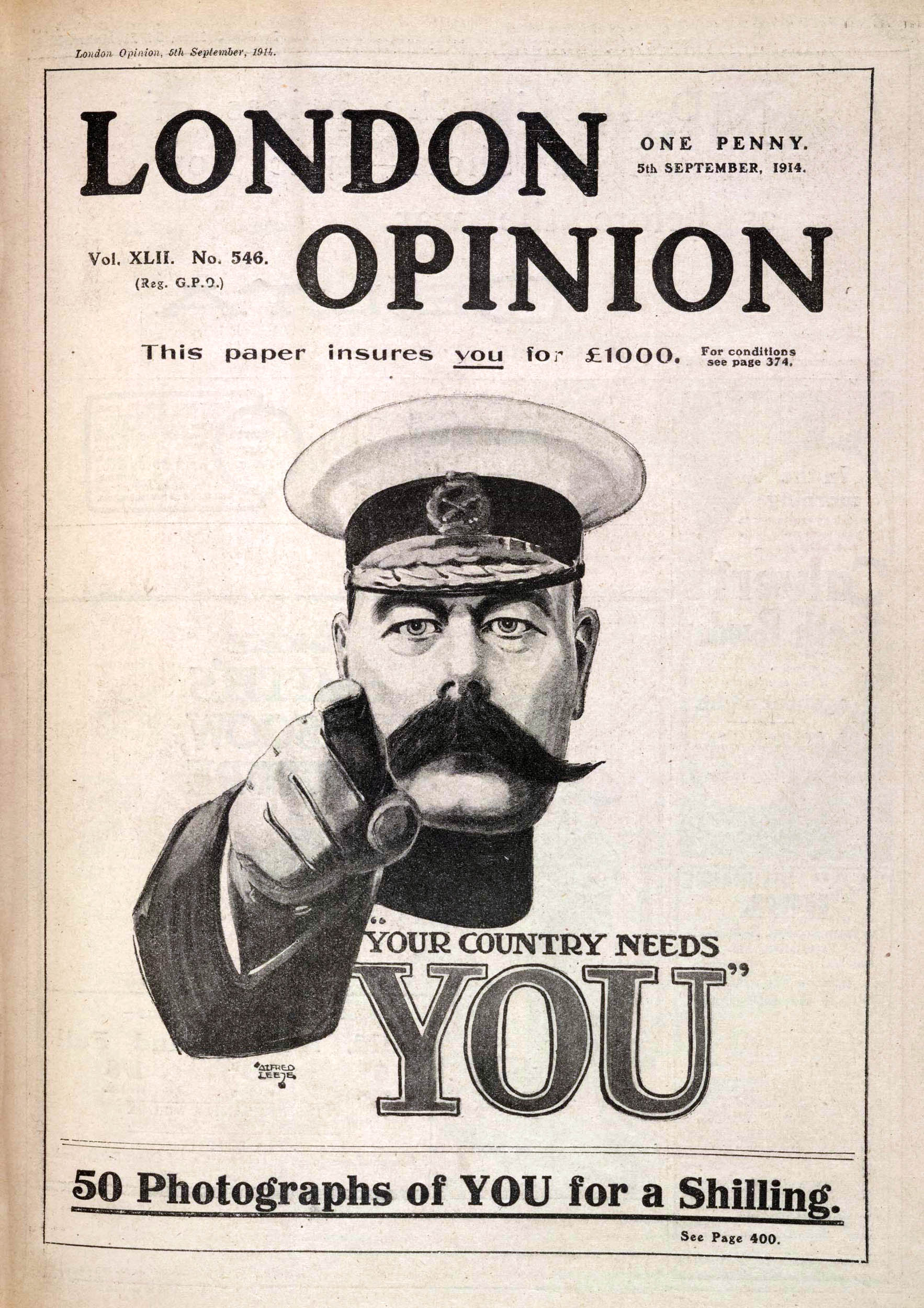 A magazine cover from London Opinion dated 5 September 1914, featuring a British officer with a mustache and military cap pointing directly at the viewer. Below him is a recruitment slogan saying “YOUR COUNTRY NEEDS YOU.”