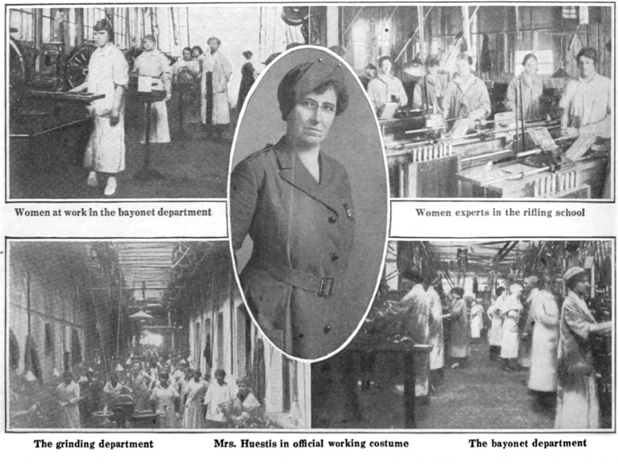 Collage of black and white photographs showing women working in various munitions factory departments during wartime, with a central portrait of a woman in uniform labeled “Mrs. Huestis in official working costume.”