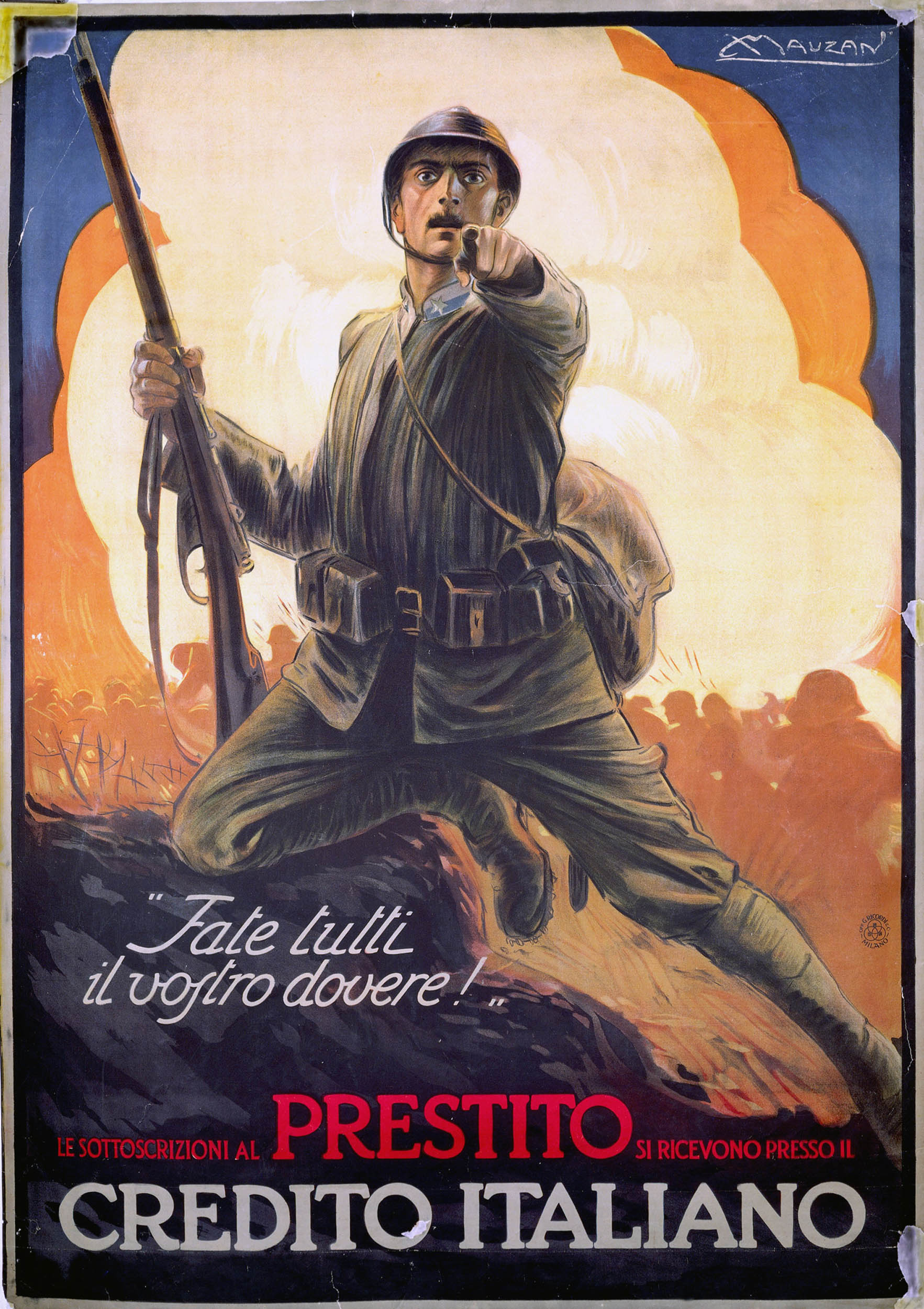An Italian World War I propaganda poster showing a soldier in uniform and helmet, pointing directly at the viewer with his rifle in one hand. Behind him is an explosion with orange smoke. 