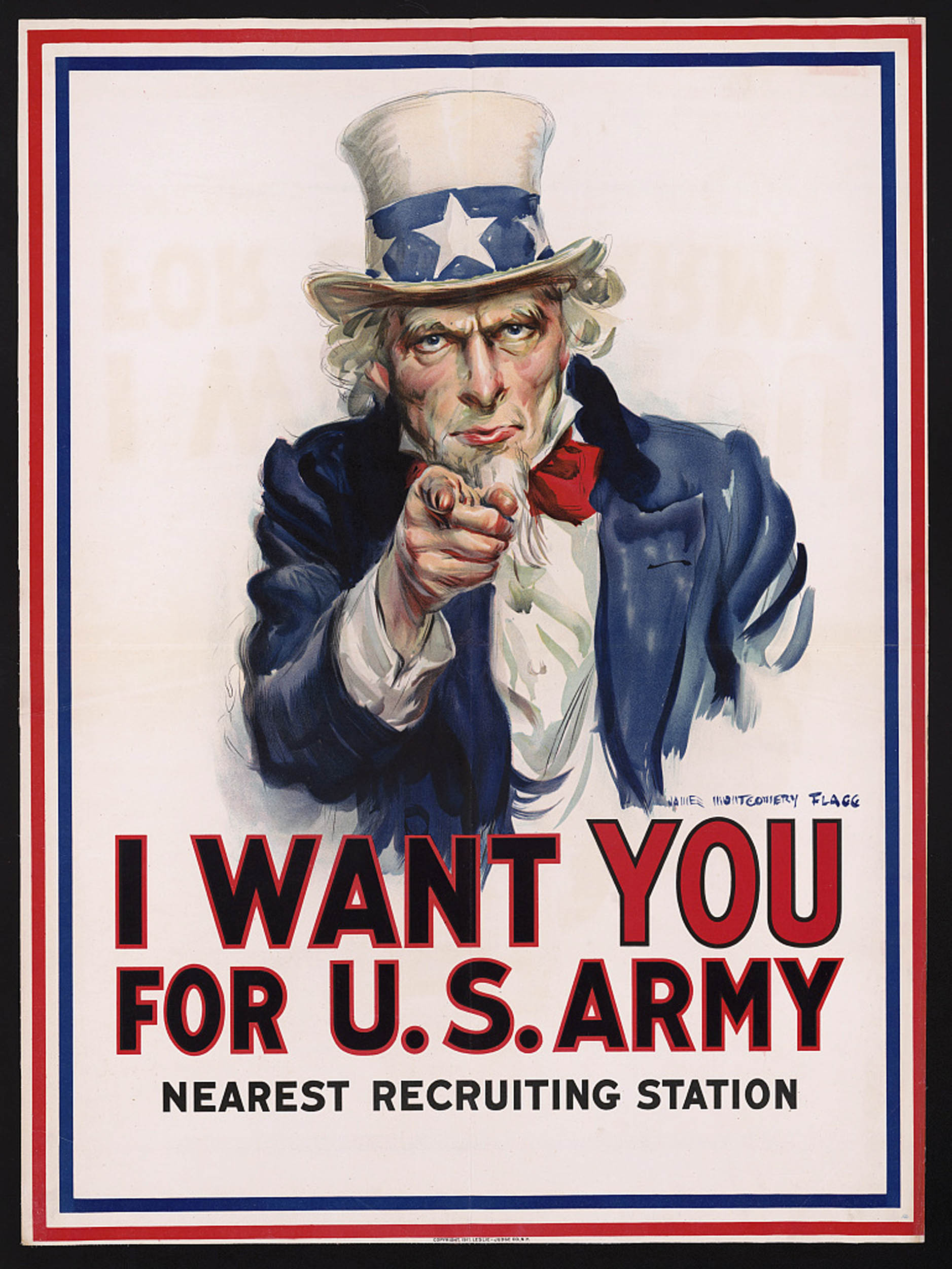 A U.S. World War I recruitment poster featuring Uncle Sam pointing directly at the viewer. He wears a top hat with white stars on a blue band, a blue jacket, and red bow tie. Bold red and black text below reads “I WANT YOU FOR U.S. ARMY. NEAREST RECRUITING STATION.”