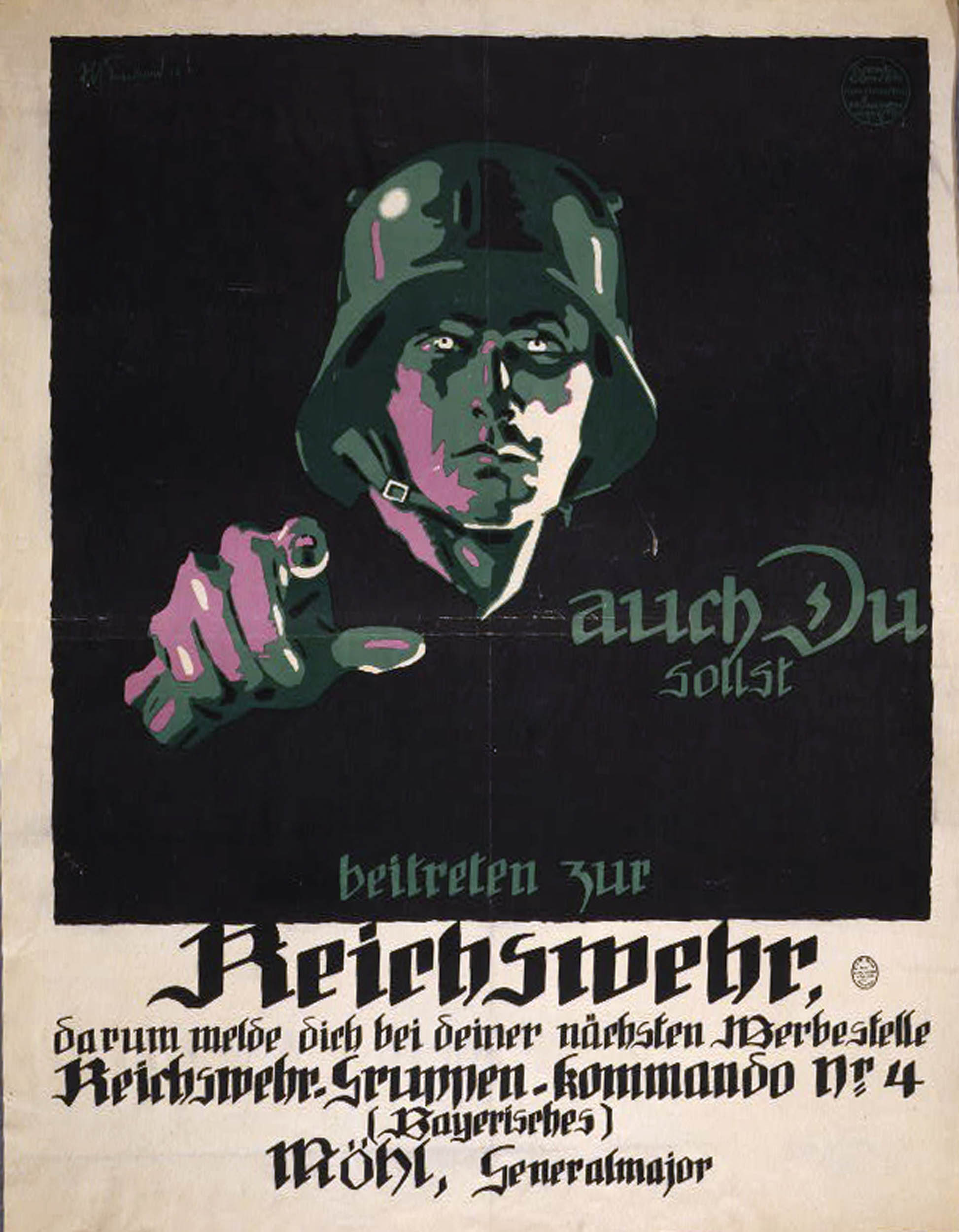 A German military recruitment poster shows a soldier in a dark helmet pointing at the viewer. His face and hand are shaded in green and purple against a black background. 