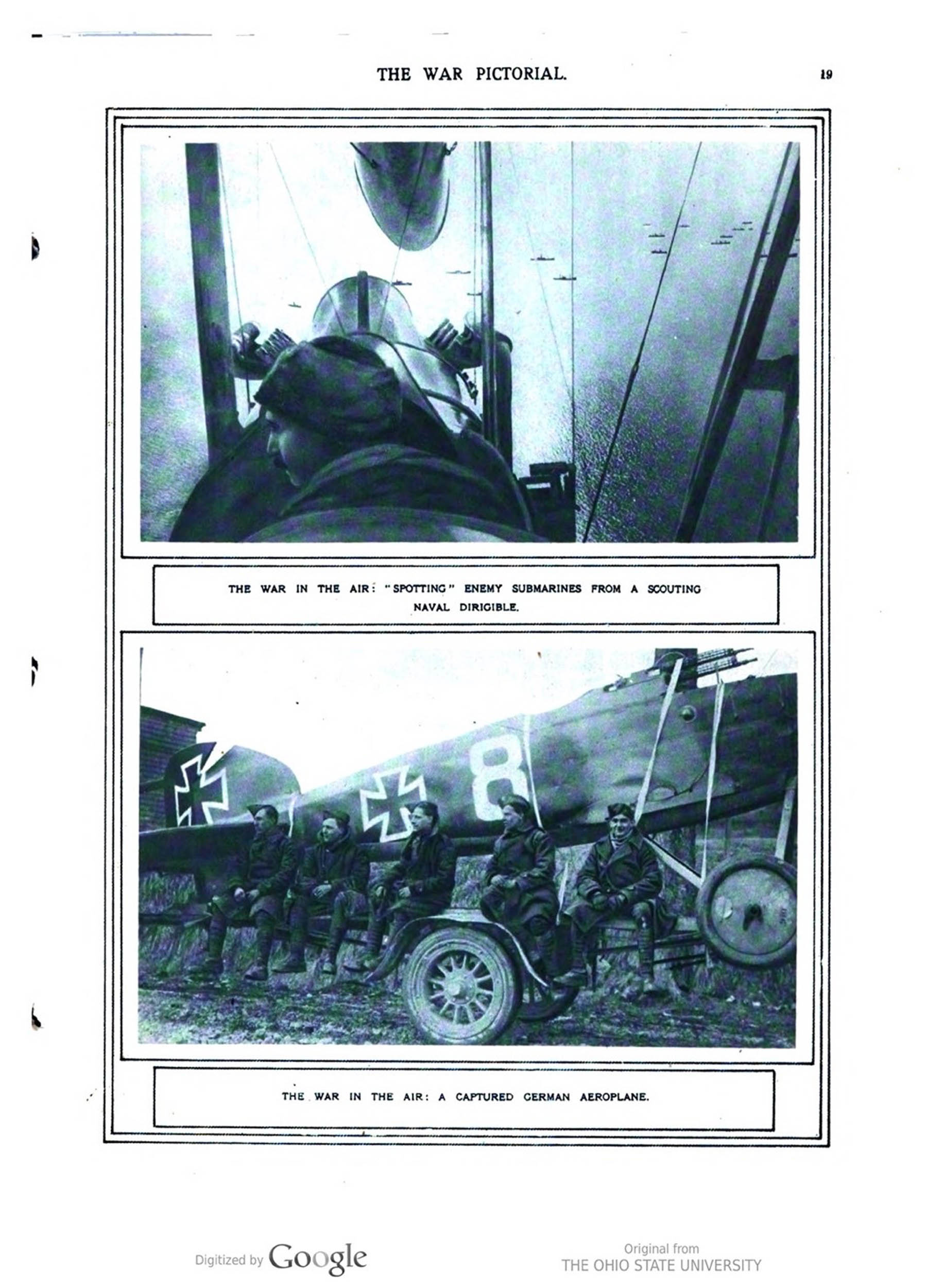 Two WWI photos: view from inside a biplane spotting submarines (top); soldiers pose with a captured German aircraft marked with crosses (bottom).