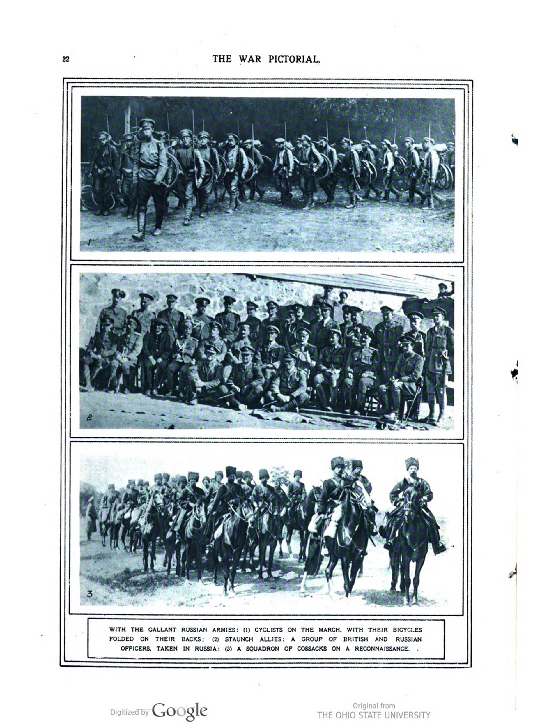 Three WWI-era photos: soldiers marching with bicycles on their backs (top), British and Russian officers seated together (middle), and a large group of cavalry on horseback (bottom).