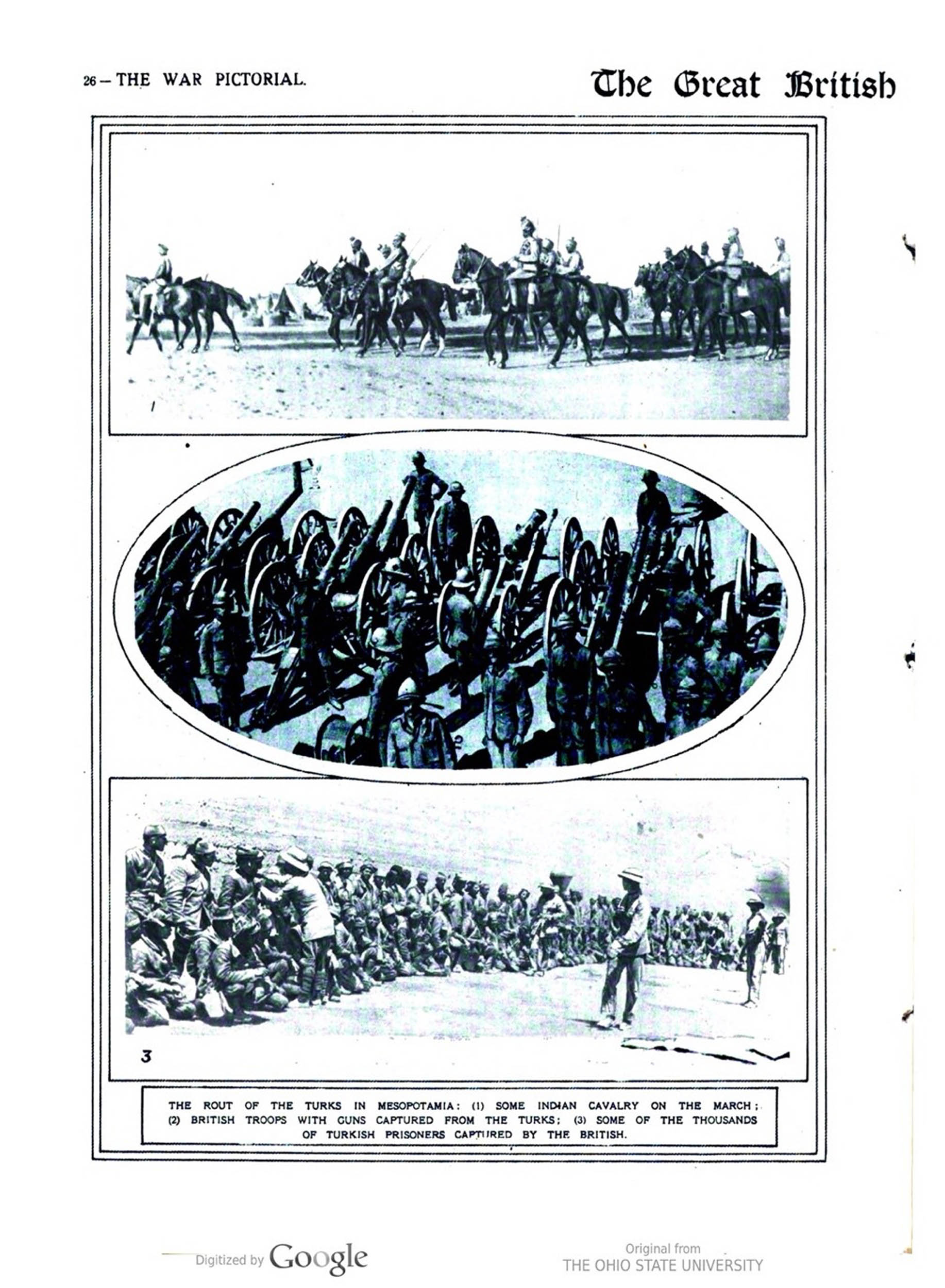 Three WWI-era photos: Indian cavalry riding in formation (top), British troops with captured Turkish artillery (middle), and a large group of Turkish prisoners seated on the ground (bottom).