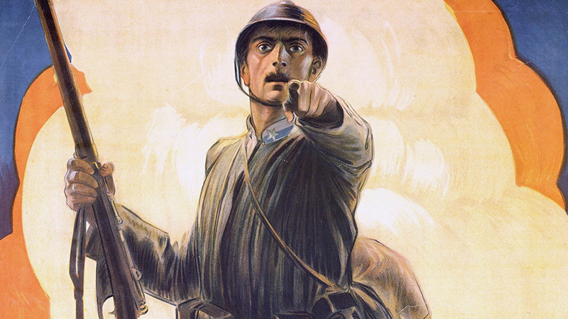 An Italian World War I propaganda poster showing a soldier in uniform and helmet, pointing directly at the viewer with his rifle in one hand. Behind him is an explosion with orange smoke. 