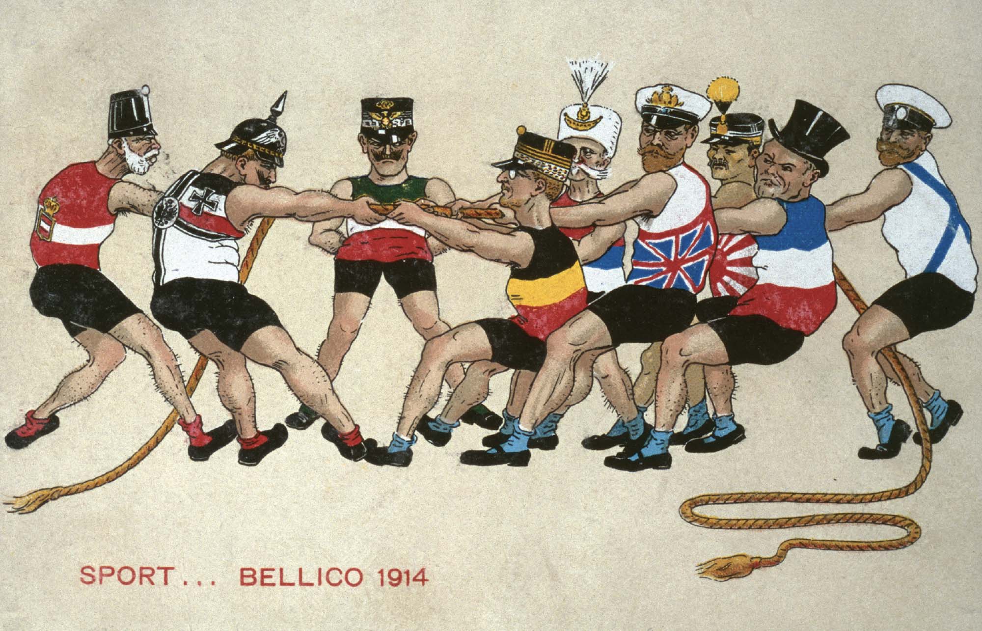 Satirical drawing of a game of tug of war. Germany and Austria on one side with Belgium, Britain, France, Yugoslavia, Japan, Finland on the other, Italy makes the judge scrutinizing the contenders with the arms behind the back.