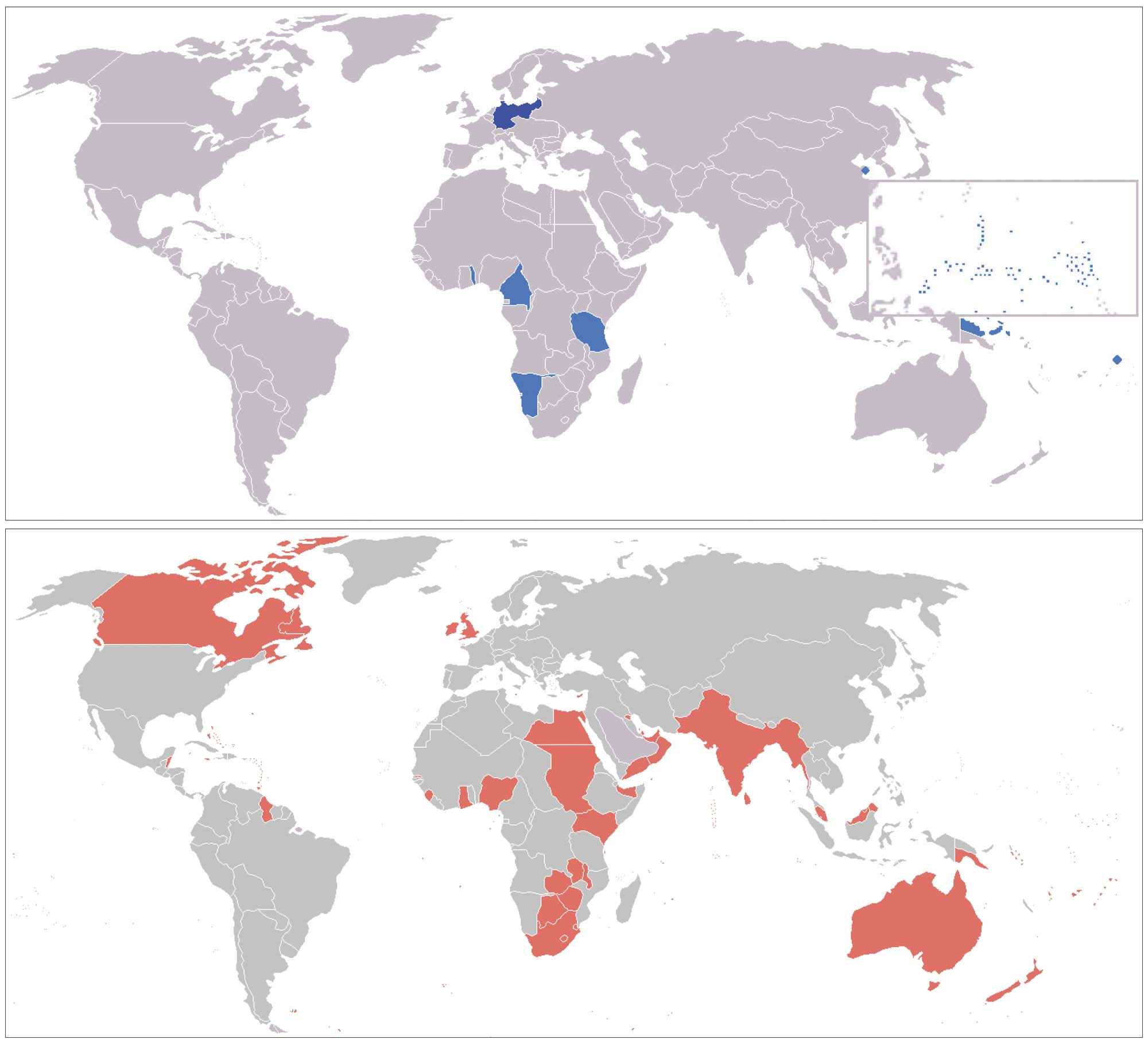 Maps of the British and German empires. Many of the colonies ruled by the two countries were near one another, most prominently on the continent of Africa.