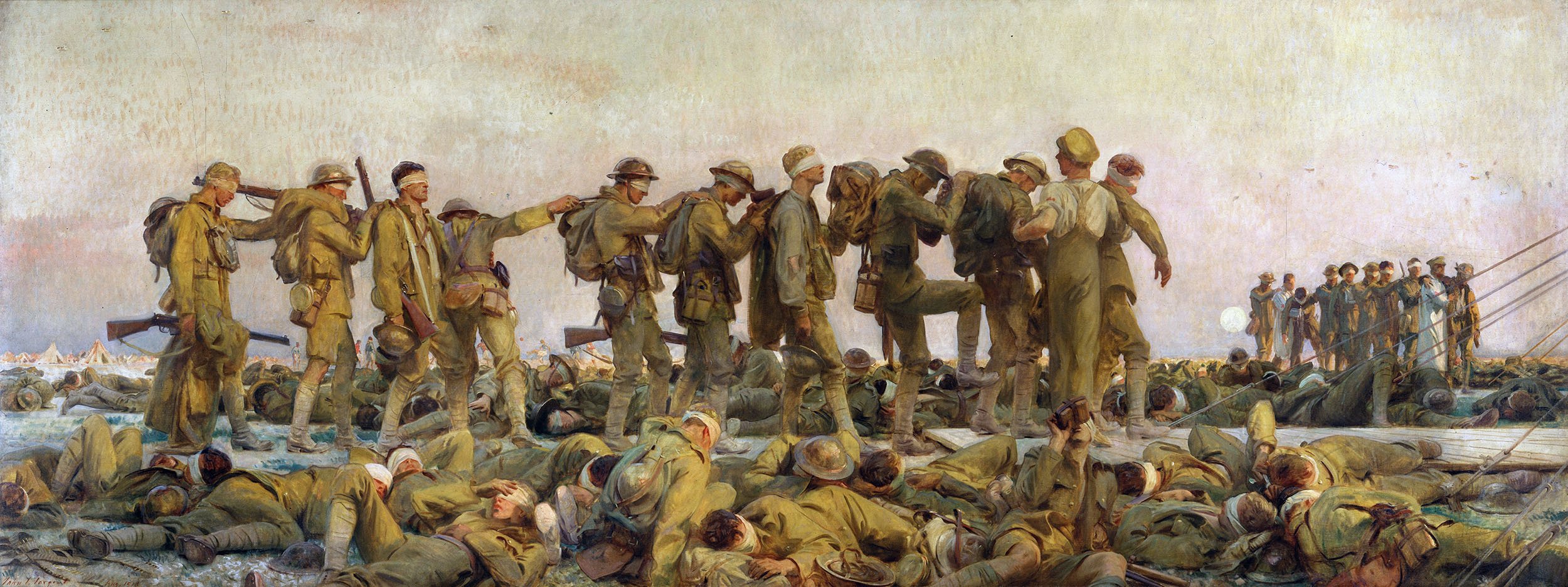 Painting of blinded and injured troops walking through a battlefield in a line, past dead bodies and other casualties. 