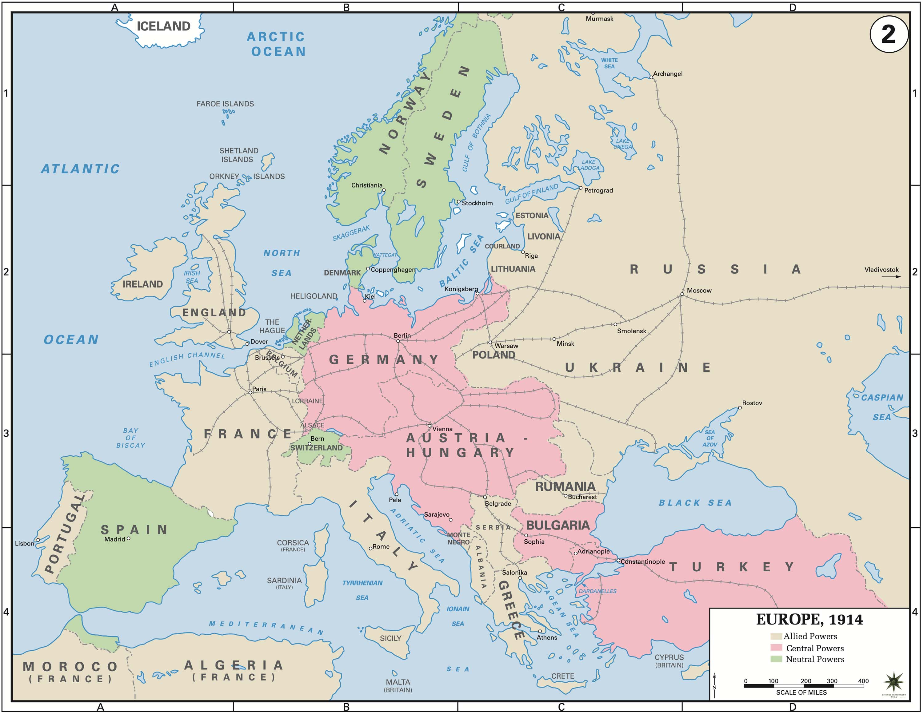 Map titled “Europe, 1914” that shows allied powers (France, England, Russia, Italy, Greece, Ukraine) in tan, central powers (Germany, Austria-Hungary, Turkey, and Bulgaria) in red, and neutral countries (Spain, Norway, Sweden) in green.