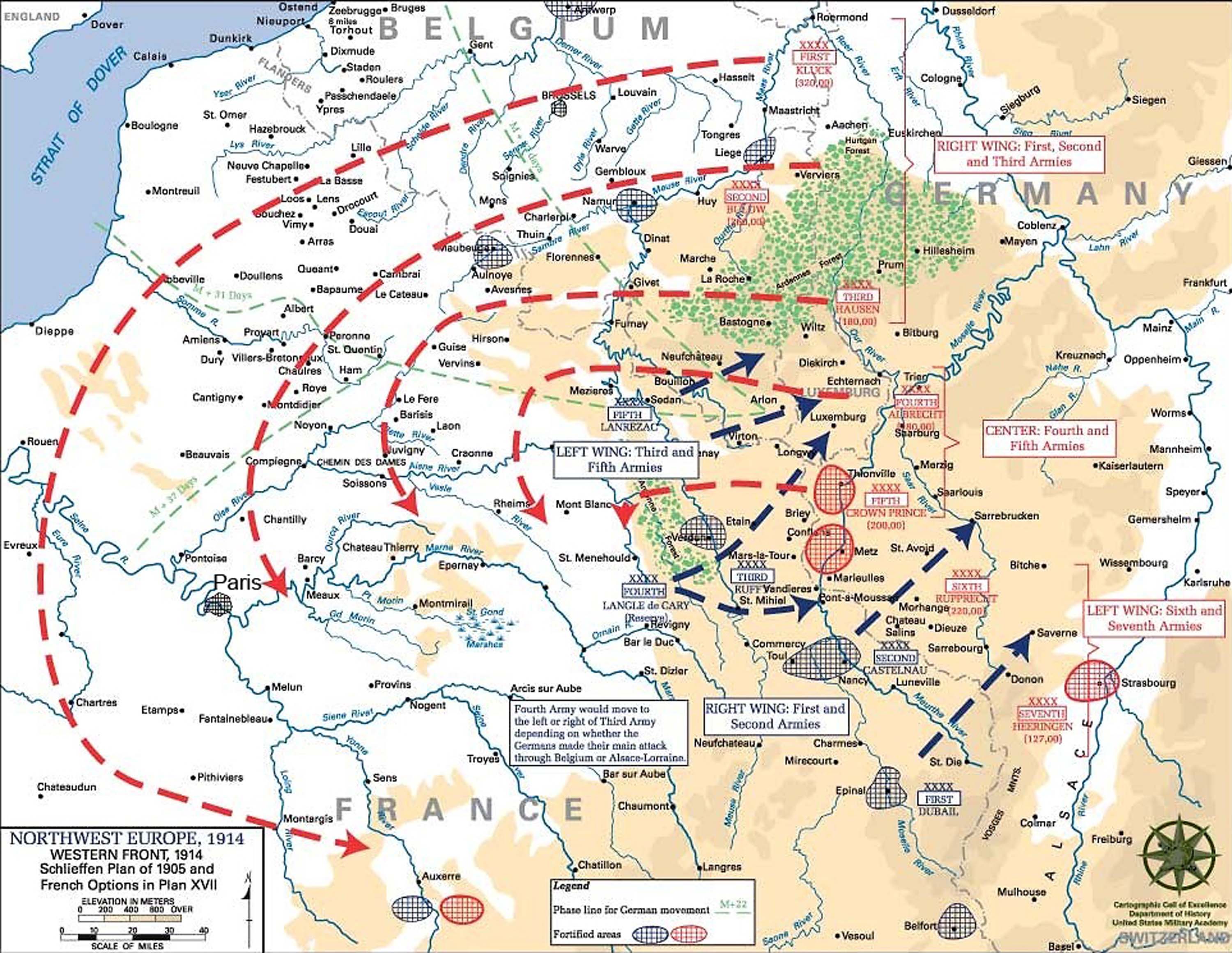 Map of Northwest Europe along the border of Germany and France with arrows showing troop movement and outlined fortified areas.