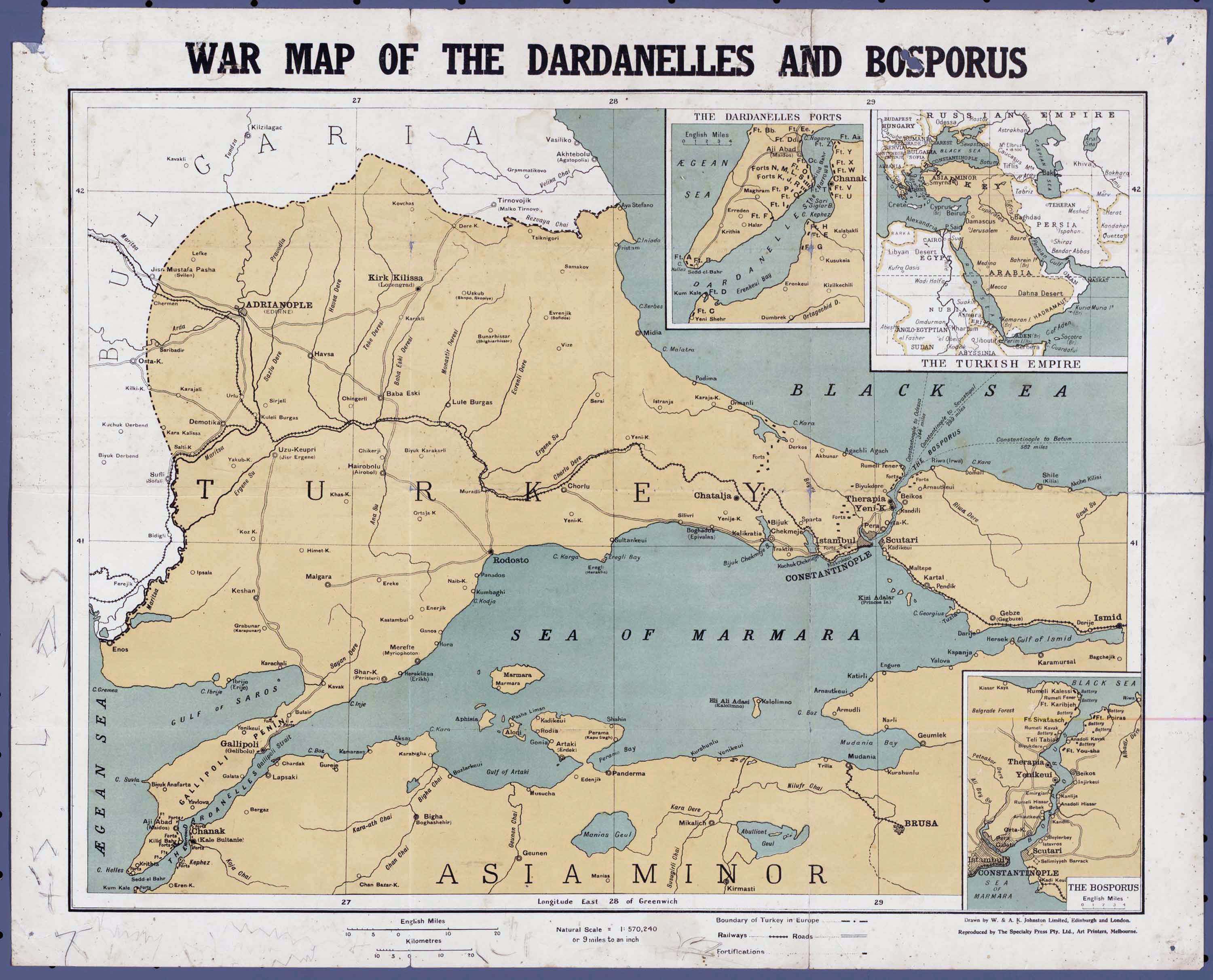 Map titled “War Map of the Dardanelles and Bosporus” showing Turkey, Asia Minor, and the bodies of water separating them, the Sea of Marmara, the Black Sea, and the Aegan Sea.