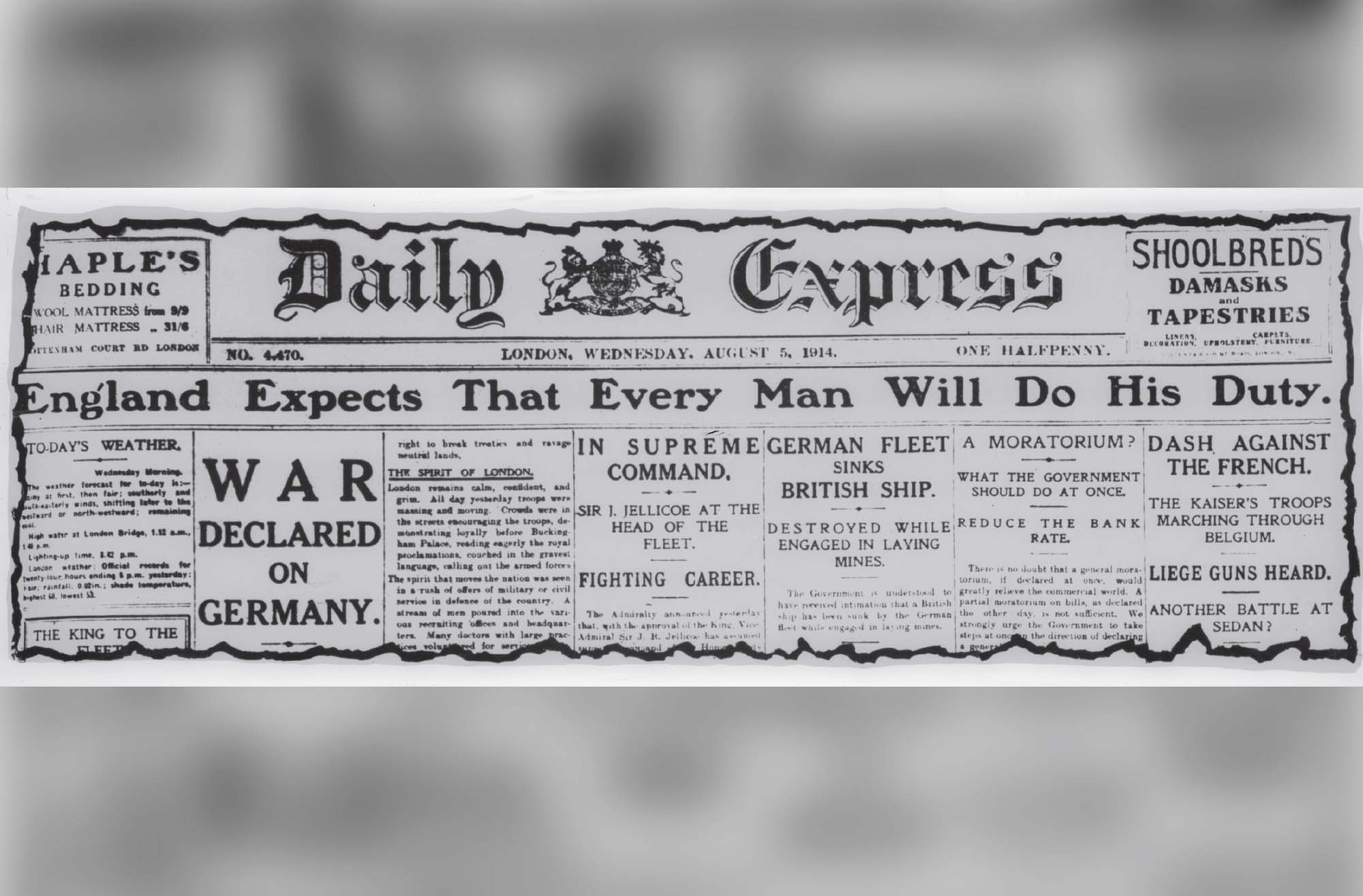 Photo of a front page of a British newspaper from 1914. The headline reads “England expects that every man will do his duty.”