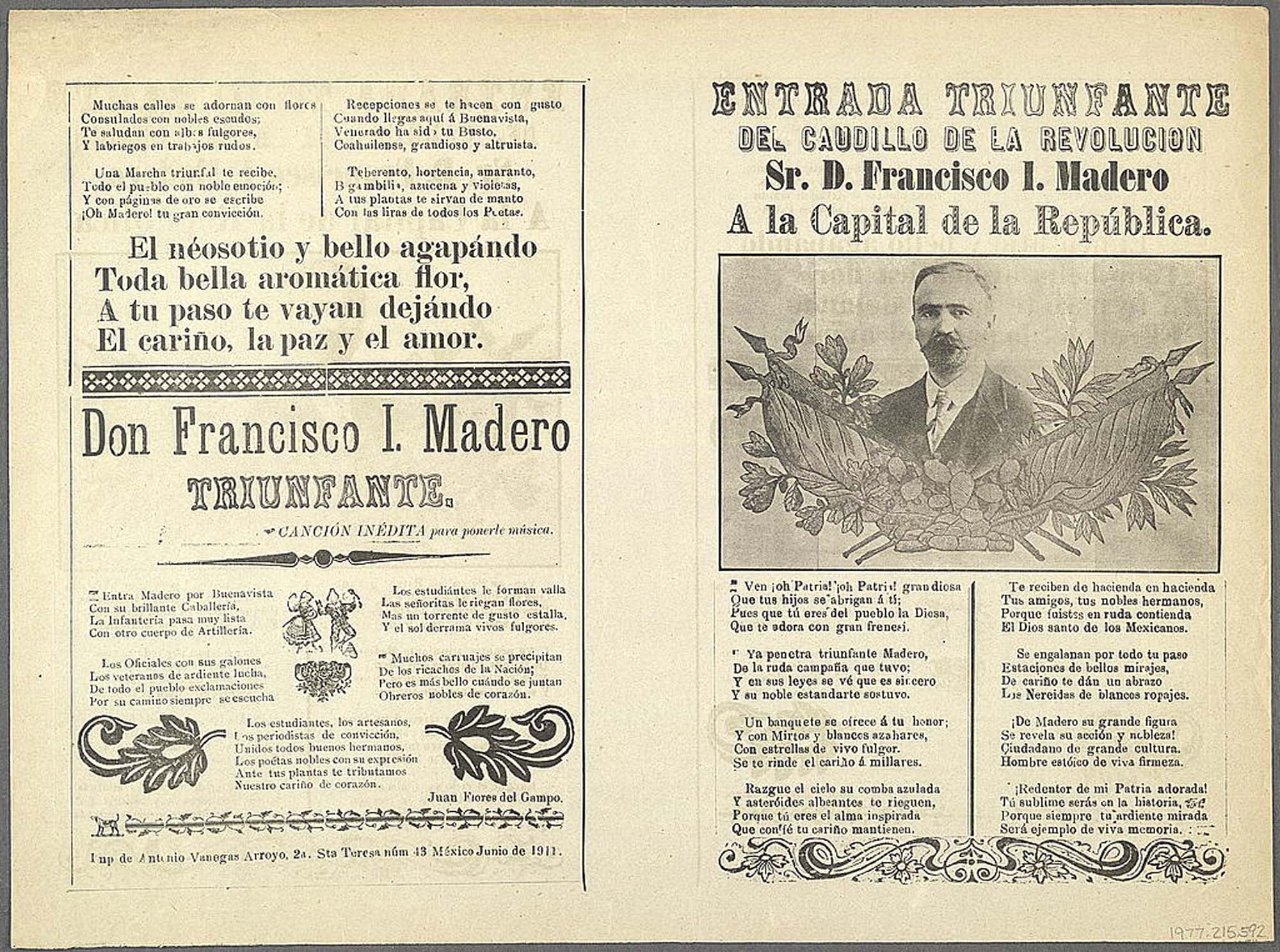 Photograph of two pages of a newspaper celebrating the election of President Francisco Madero in 1911. Below an image of the president, rhyming text proclaims his virtues and describes Mexico City’s streets decorated with flowers and banners.