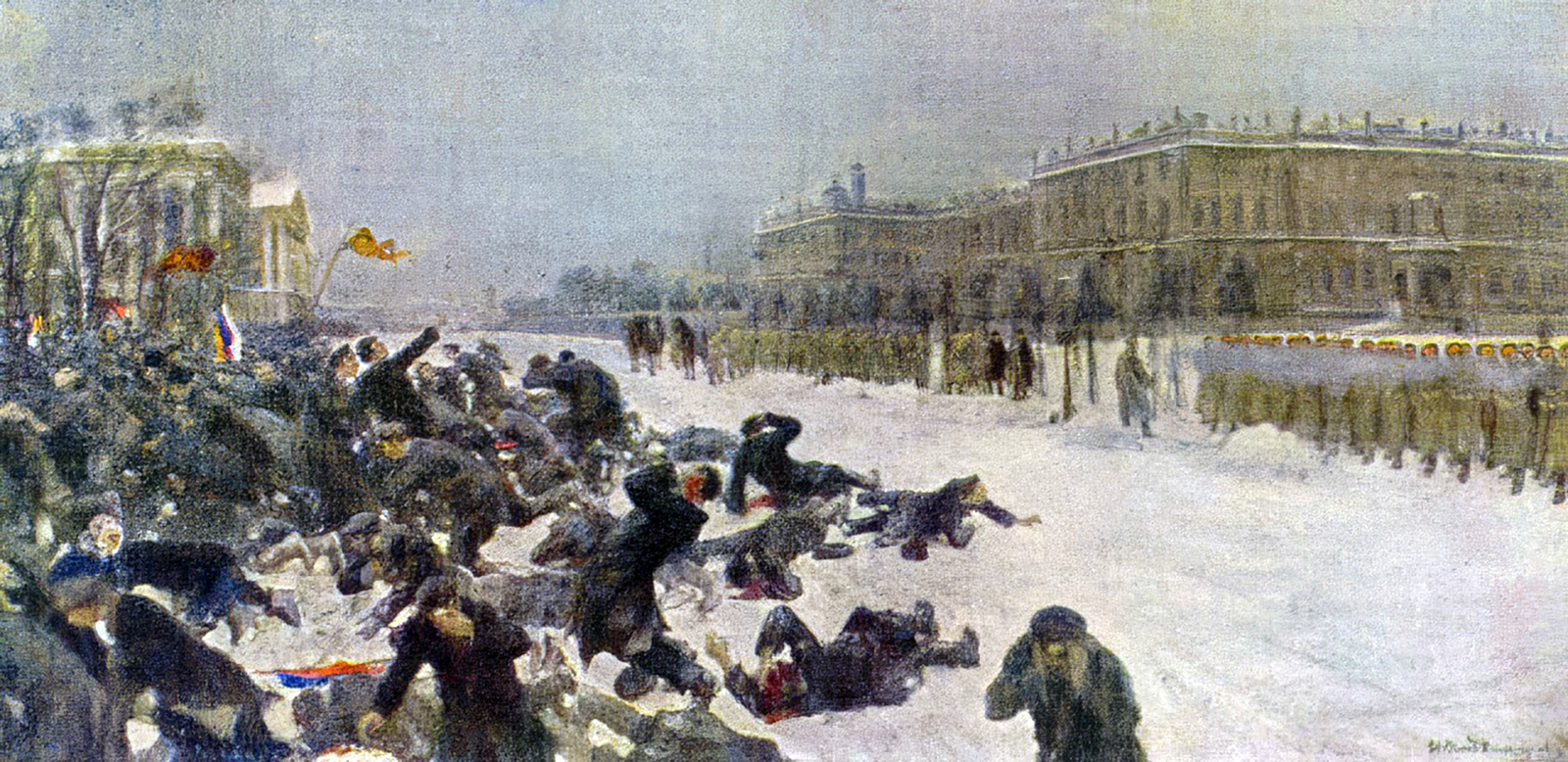 A painting of a snow-covered street, with groups of people on either side. On one side, a uniformed group of people looks to be attacking the people on the other side, many of whom have fallen.