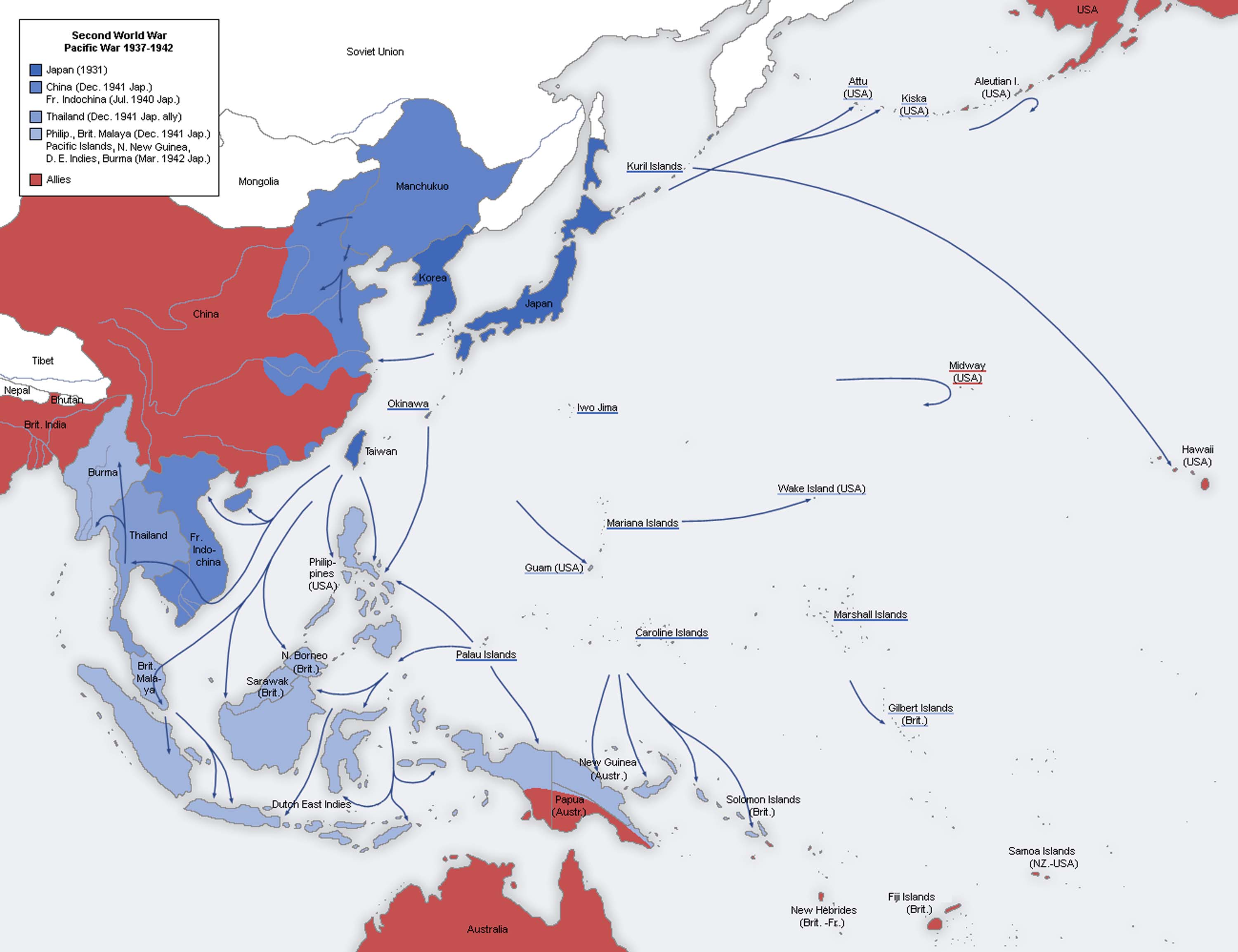 Map shows Japanese conquests in the Pacific, as well as those of their allies.