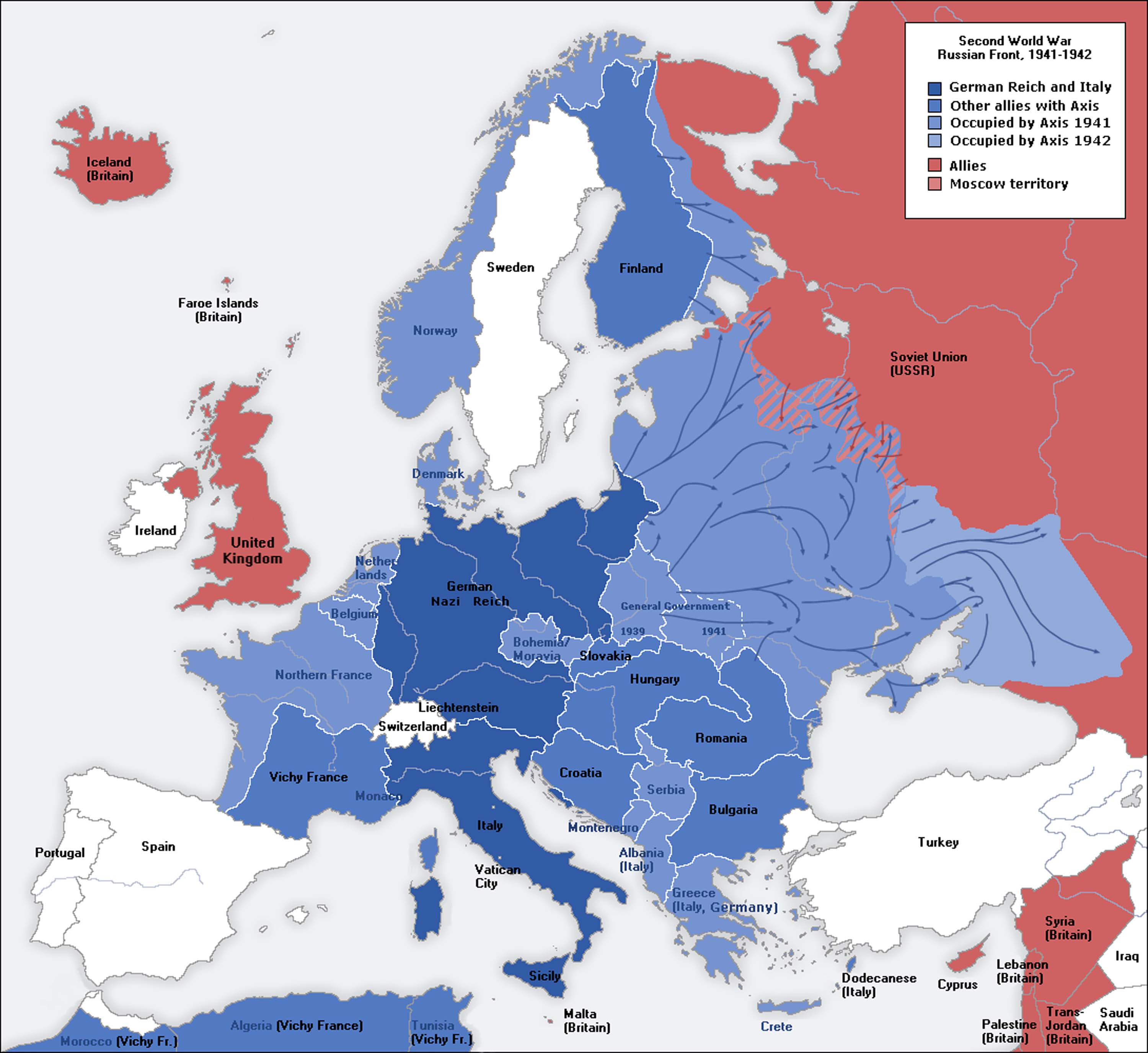 Map of German and Italian conquests in Europe. Germany conquered a very large, central portion of the country.