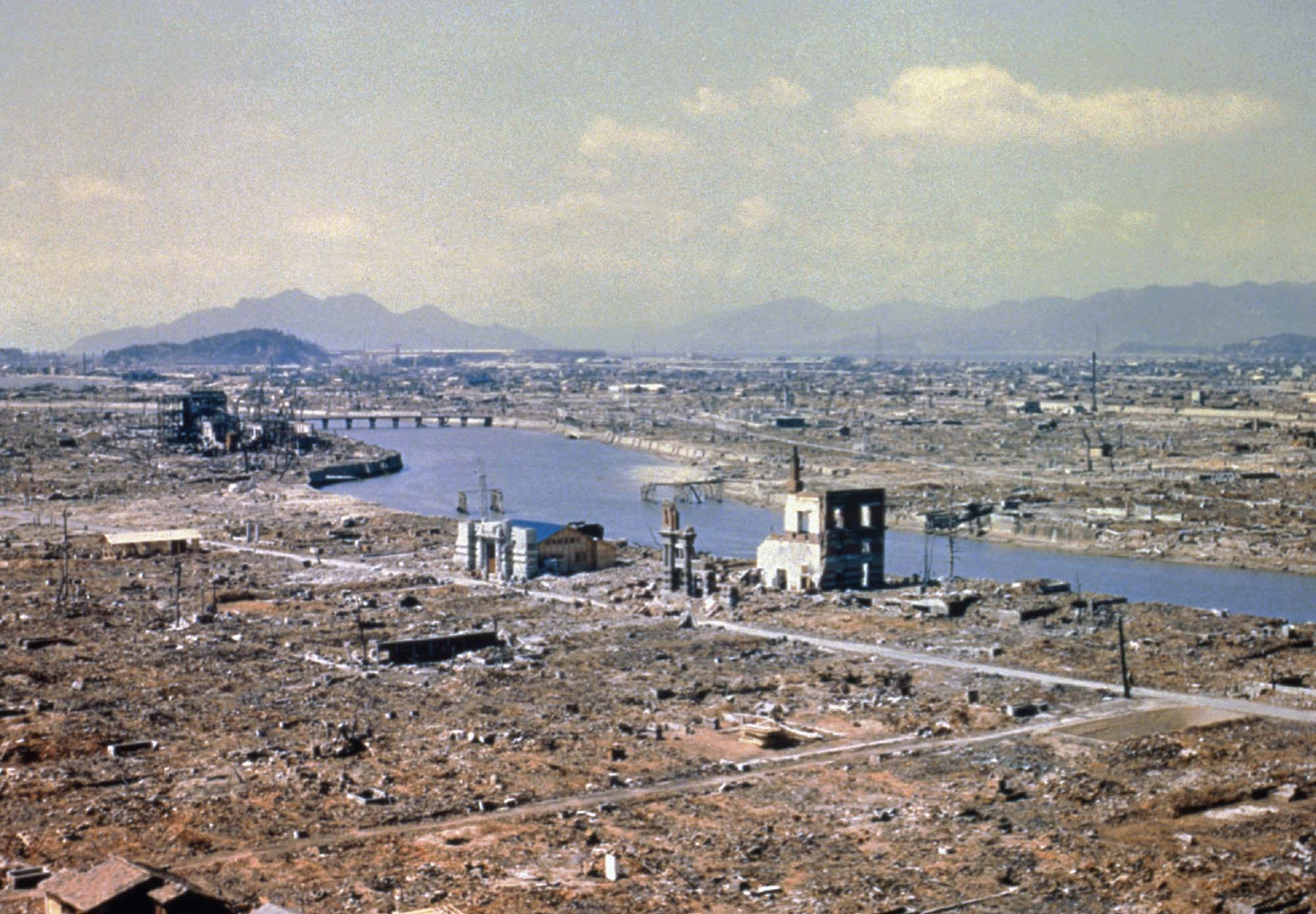 Photograph of a Hiroshima, mostly reduced to rubble, after the atomic bomb.
