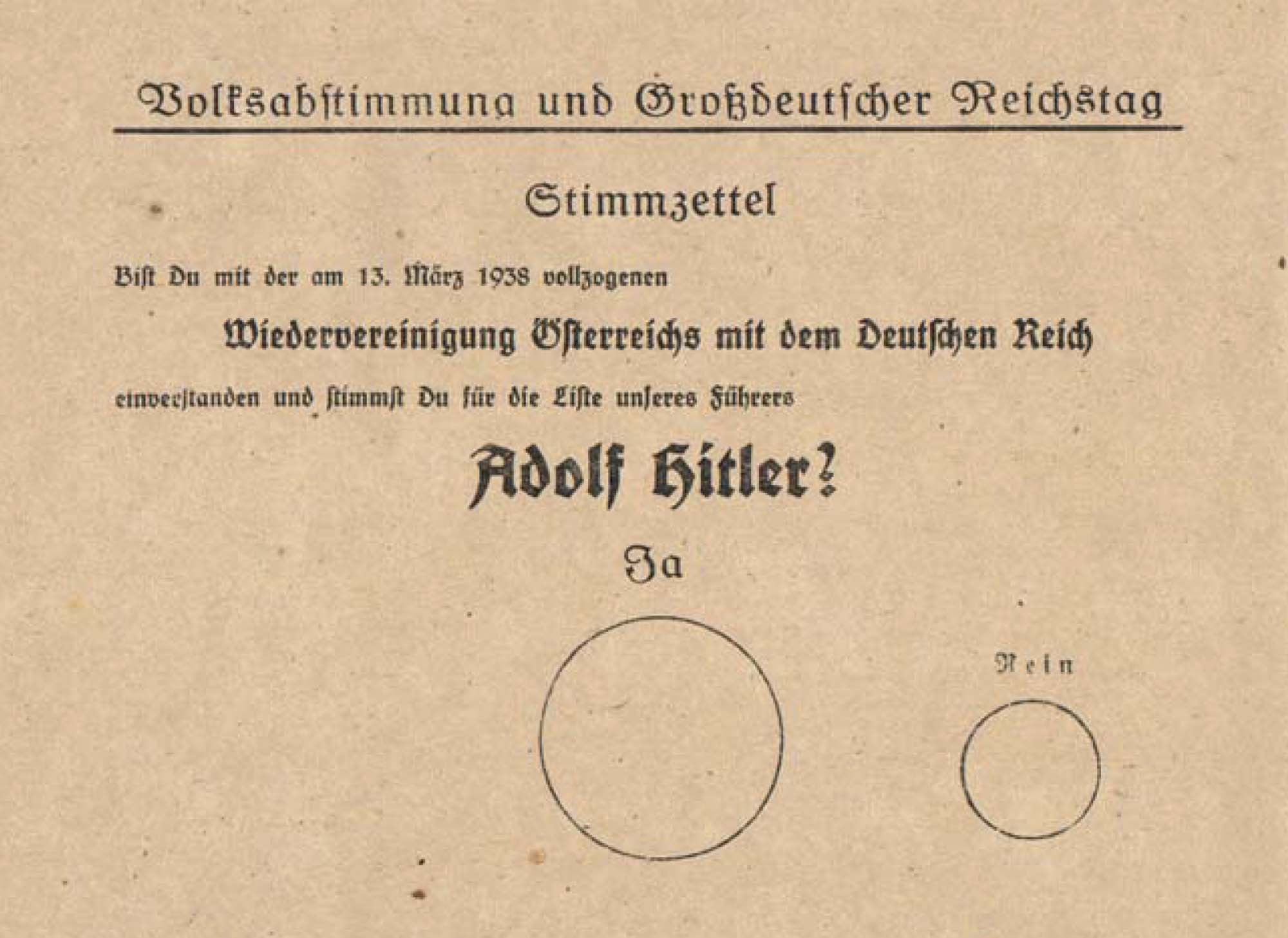 Photo of an Austrian voting ballot from 1938. The ballot is asking whether the voter supports or opposes the reunification of Austria with Germany and the election of Adolf Hitler as the new party leader. “Yes” and “No” are written above two circles, with room for the voter to mark one.