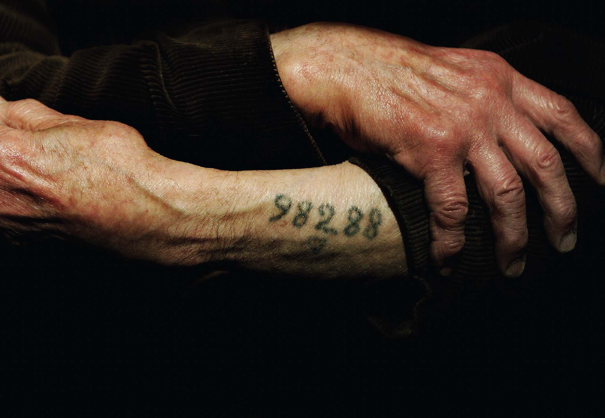 A close-up photograph of the forearms of a Holocaust survivor. There is a number tattooed on one of the person’s forearms.