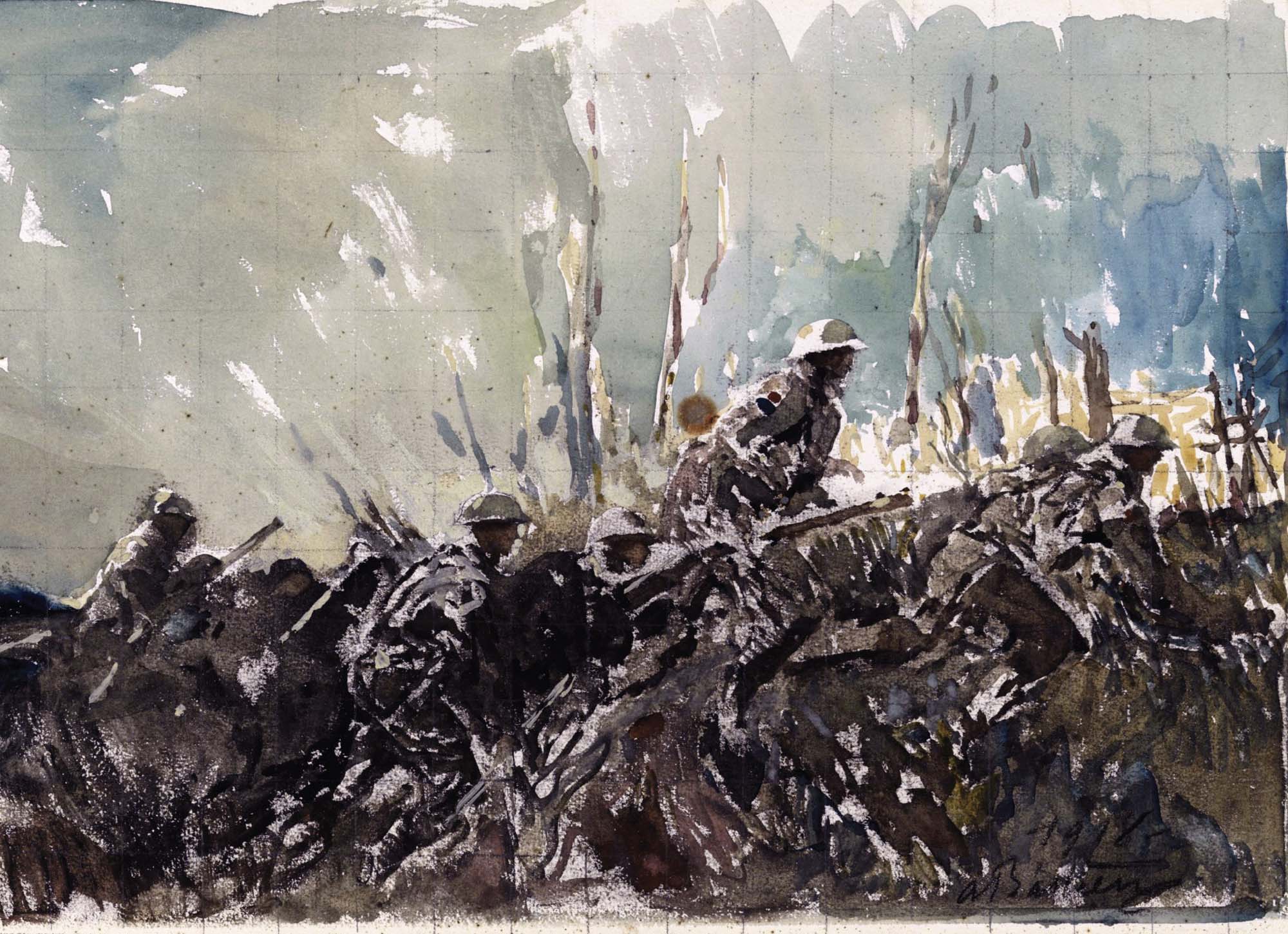 Abstract painting of troops sheltering in a trench as one of them climbs over the top.