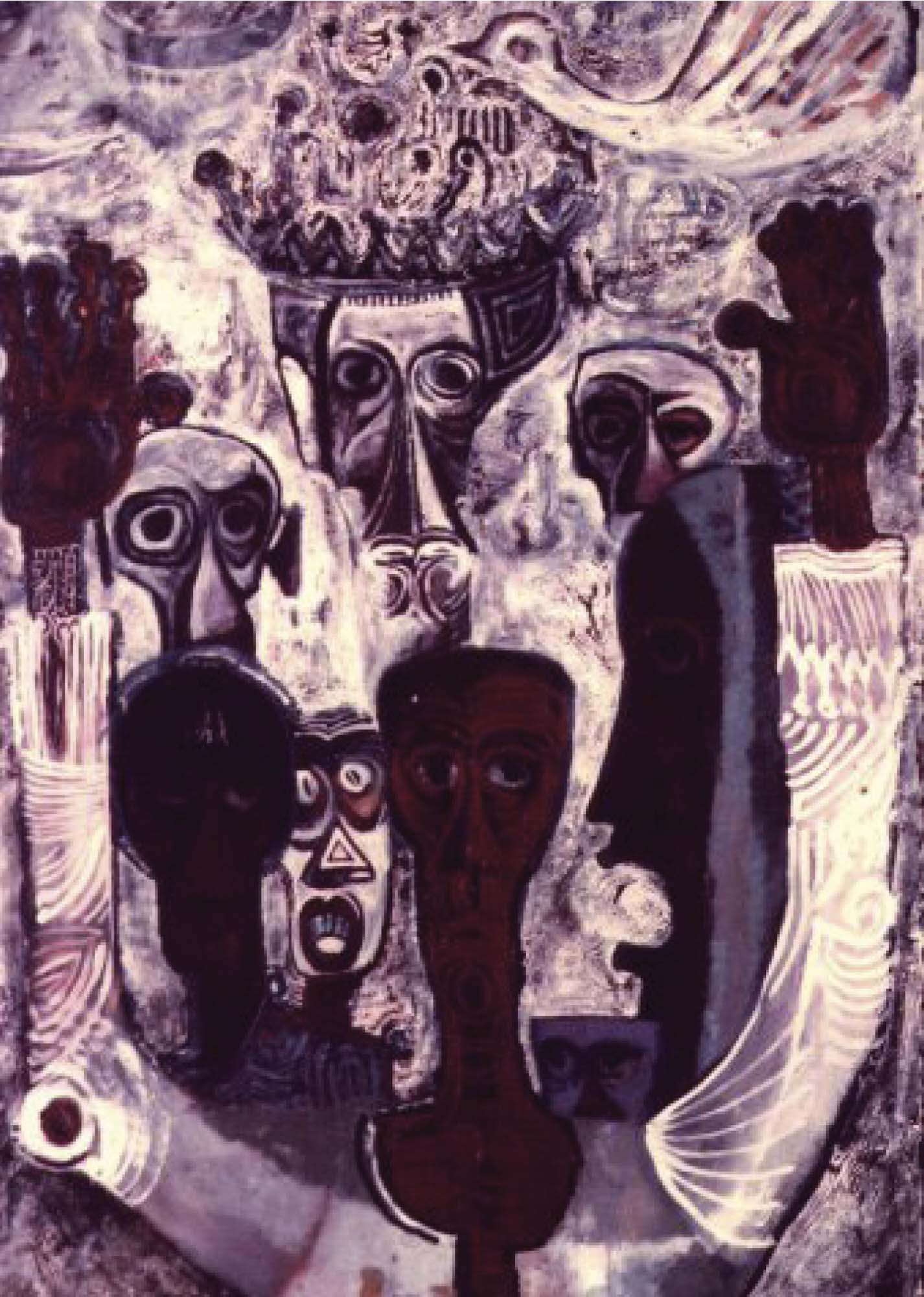 Painting of several men in white clothes and white skulls in the background.