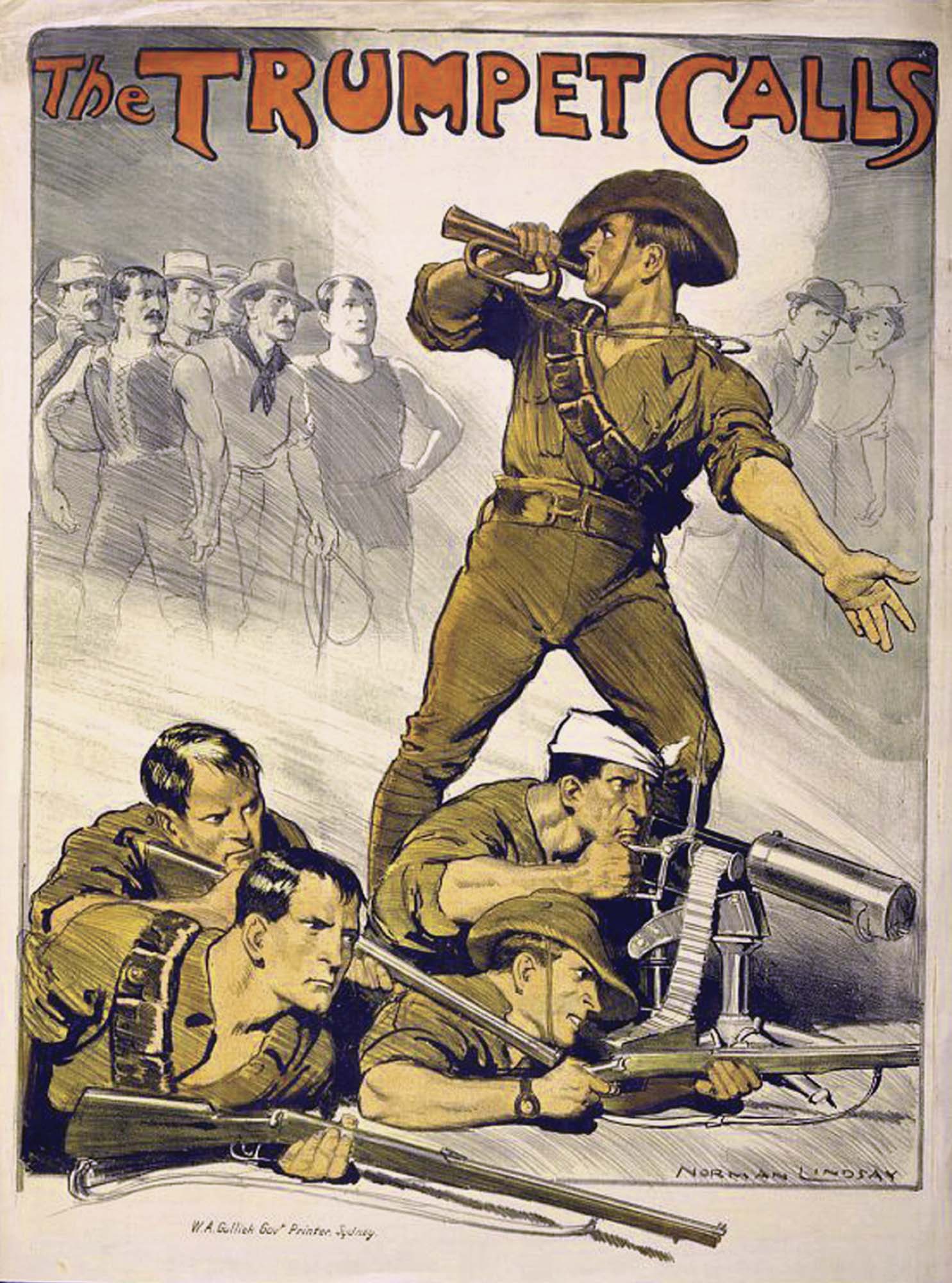 Bugler calling Australian men to join their compatriots already fighting.