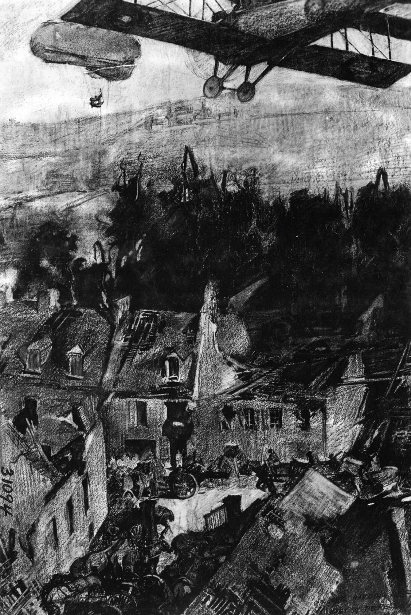 Sketch of several buildings and a road running between them crowded with cars, while planes fly above.