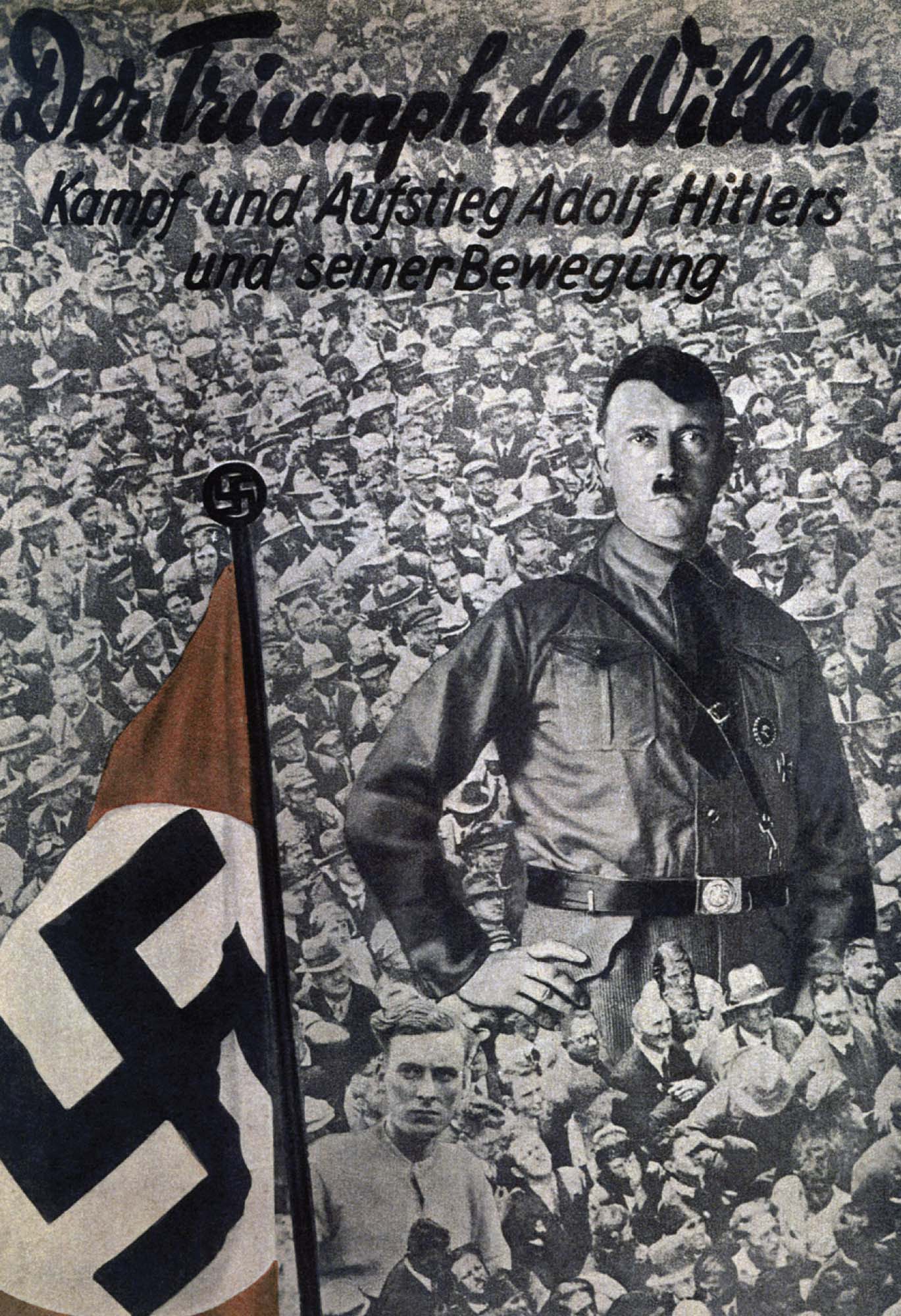 Poster for Triumph Of The Will with portrait of Adolf Hitler, crowds of people, and the Nazi flag.