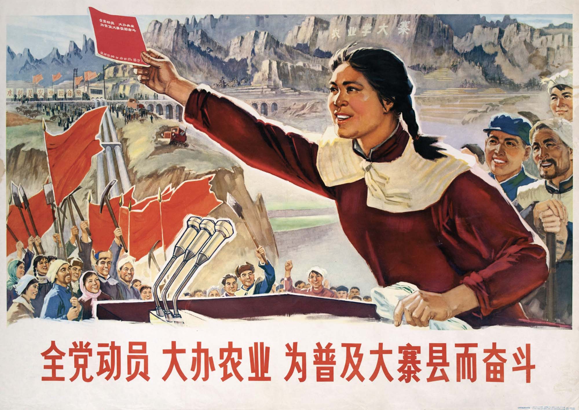 Poster of a woman holding a red book standing at a podium with people holding red flags in the background cheering her on.