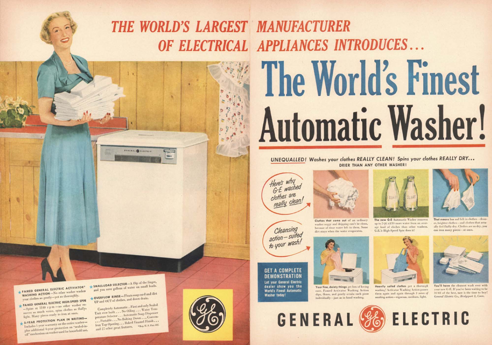 An advertisement for a washing machine shows a picture of a blonde woman in a blue dress smiling in front of a washing machine, holding a pile of neatly folded towels. A headline reads “The World’s Finest Automatic Washer!”
