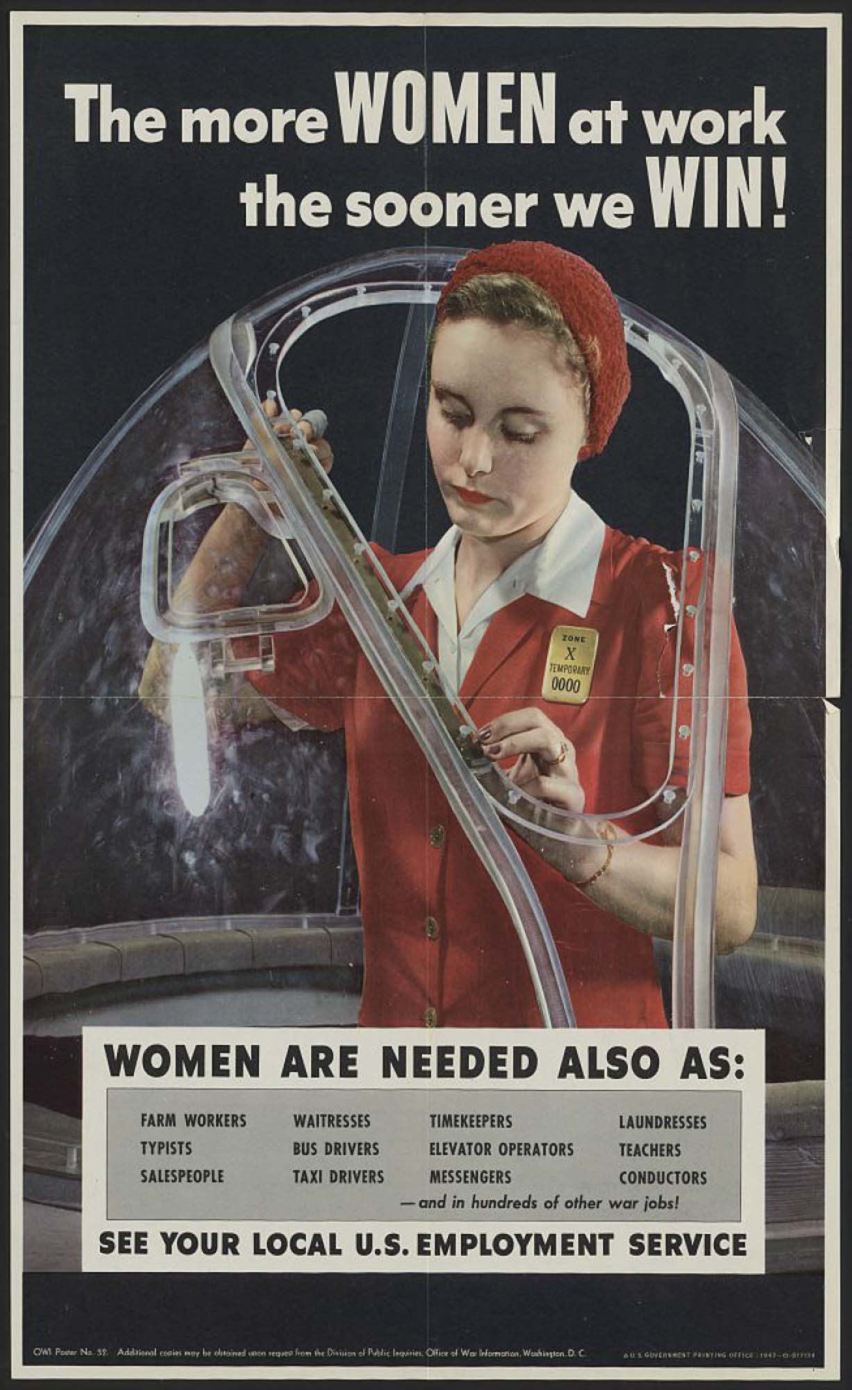 A billboard reads “The more WOMEN at work the sooner we WIN”, and depicts a woman in a red uniform working on an airplane window.
