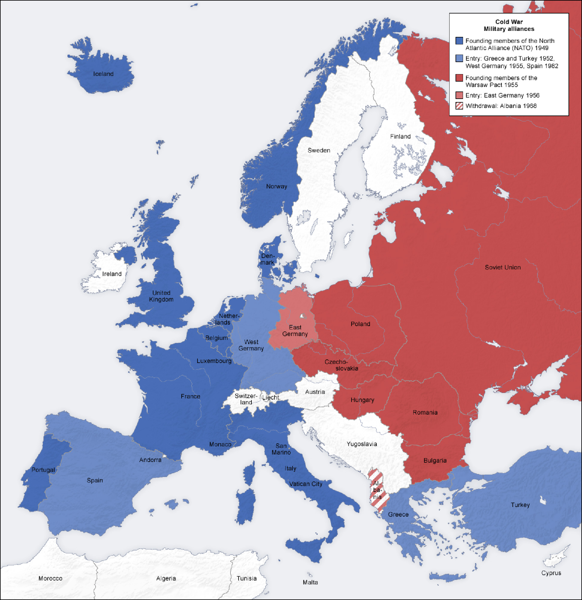 Map shows a region divided into two. From Portugal to West Germany is the Western NATO area, and from East Germany over through the Soviet Union are the Warsaw Pact areas. Turkey and Greece, below Bulgaria, are part of the NATO alliance.