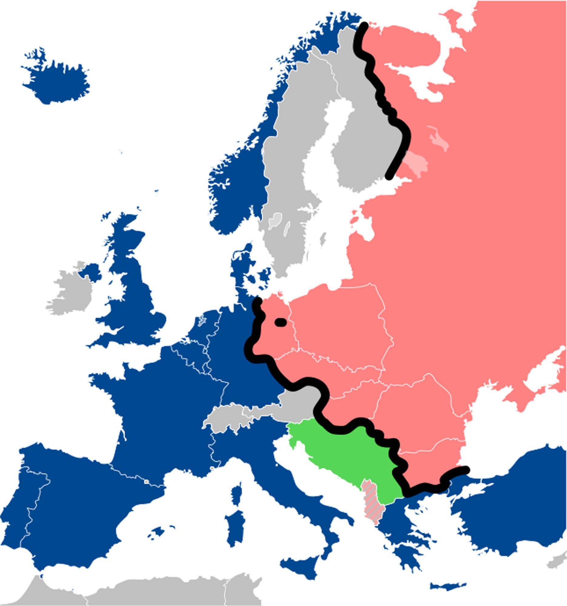 A map shows the same region as above, this time with the “iron curtain” marked on the map, dividing East and West Germany and Bulgaria from Greece and Turkey. A small dot shows the divide between East and West Berlin.