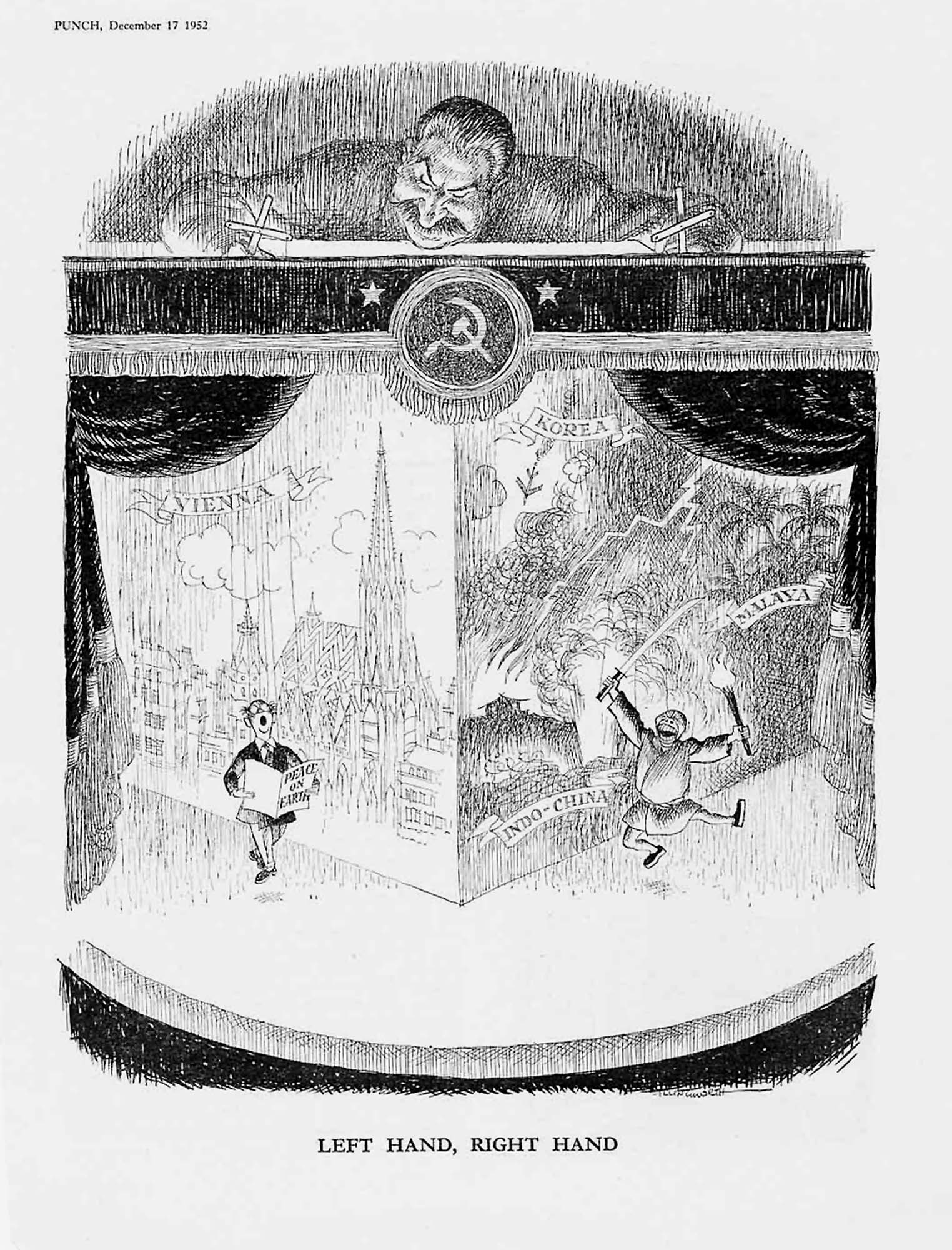 A comic drawing of two puppets on a stage. On one side, a man reads from a book that reads “peace on earth” in front of a Vienna background; on the other side, a puppet raises a sword and a torch in front of a set that reads “Korea” and “Indo China”. The caption reads “Left hand, right hand”.