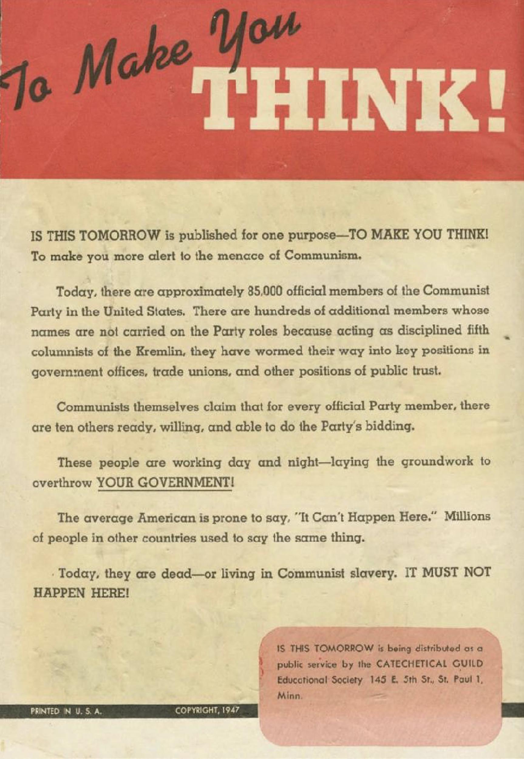 Excerpts of an American comic published in 1947: page of text with the title "To Make You Think!" Which goes on to explain that the comic is printed to warn you of the imminent dangers of communism.