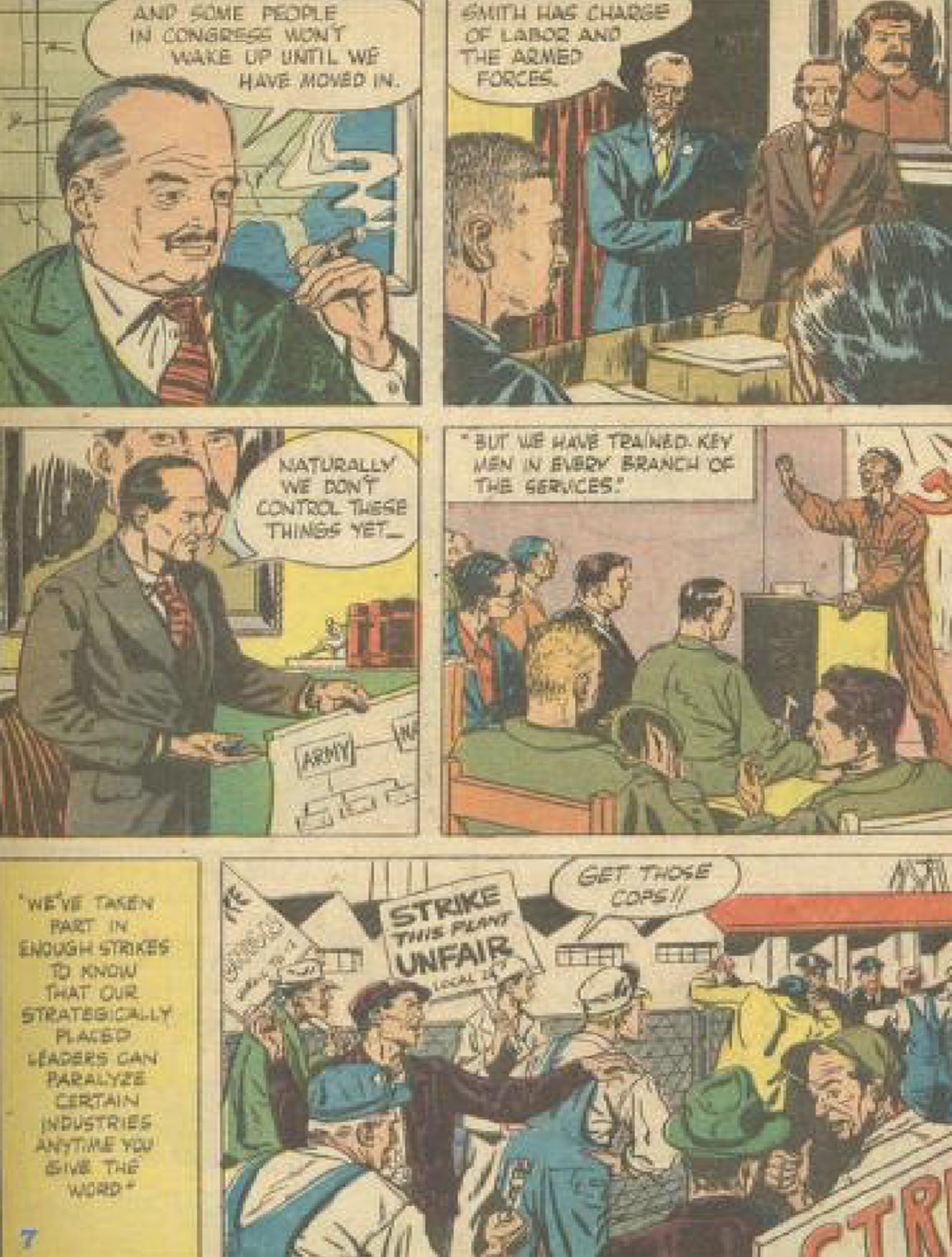 Excerpts of an American comic published in 1947: men in suites discuss ways to infiltrate government, armed forces, and unions in order to sow discord.
