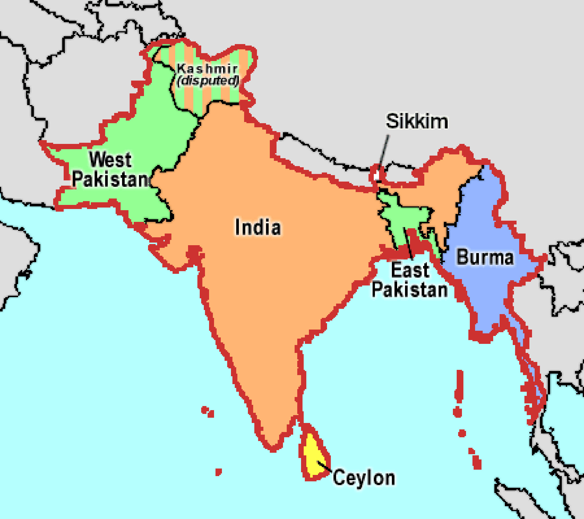 Map shows the division of East and West Pakistan by India, after the collapse of British India.
