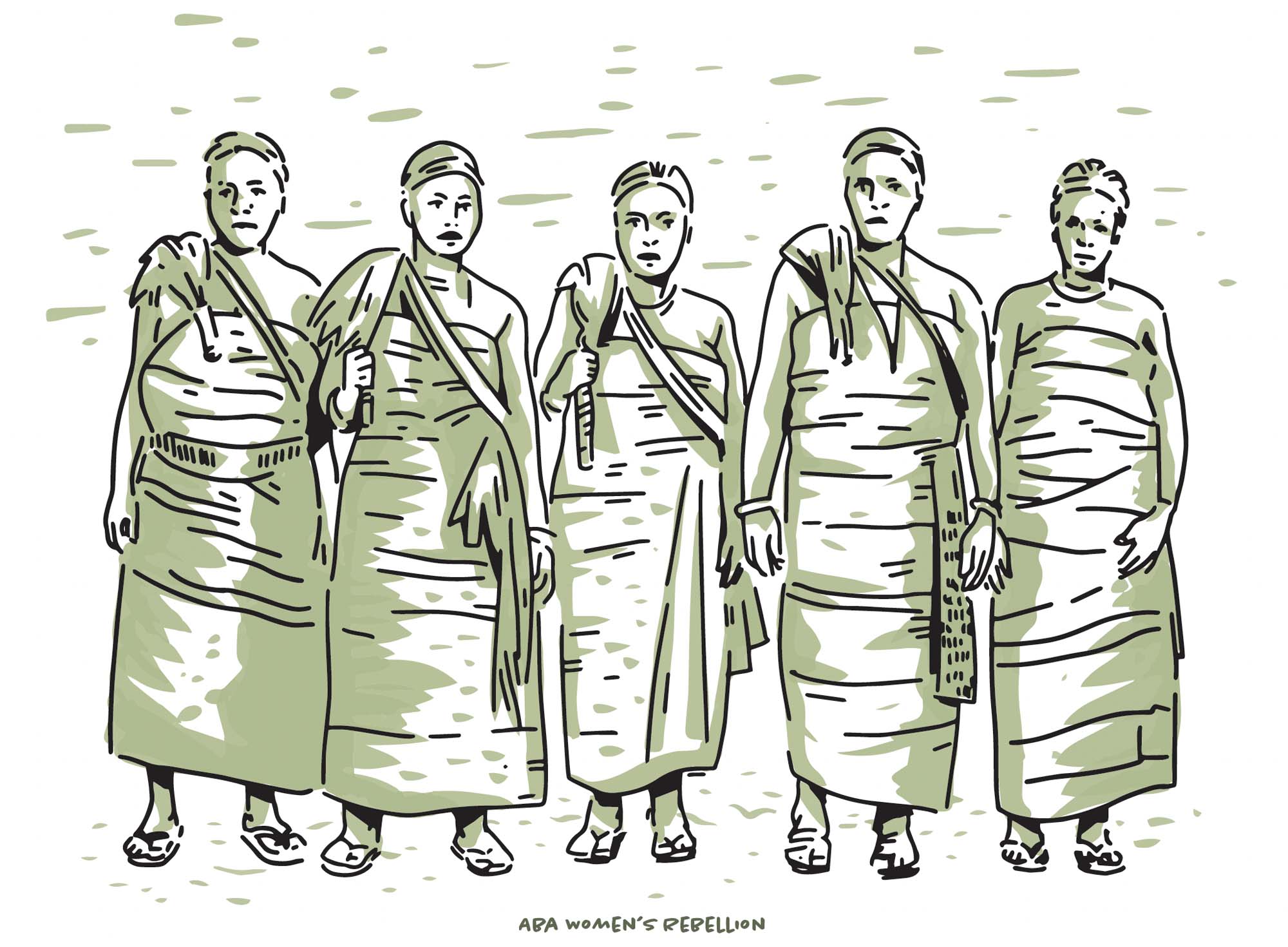 A drawn image of five women dressed in simple, wrapped clothing.
