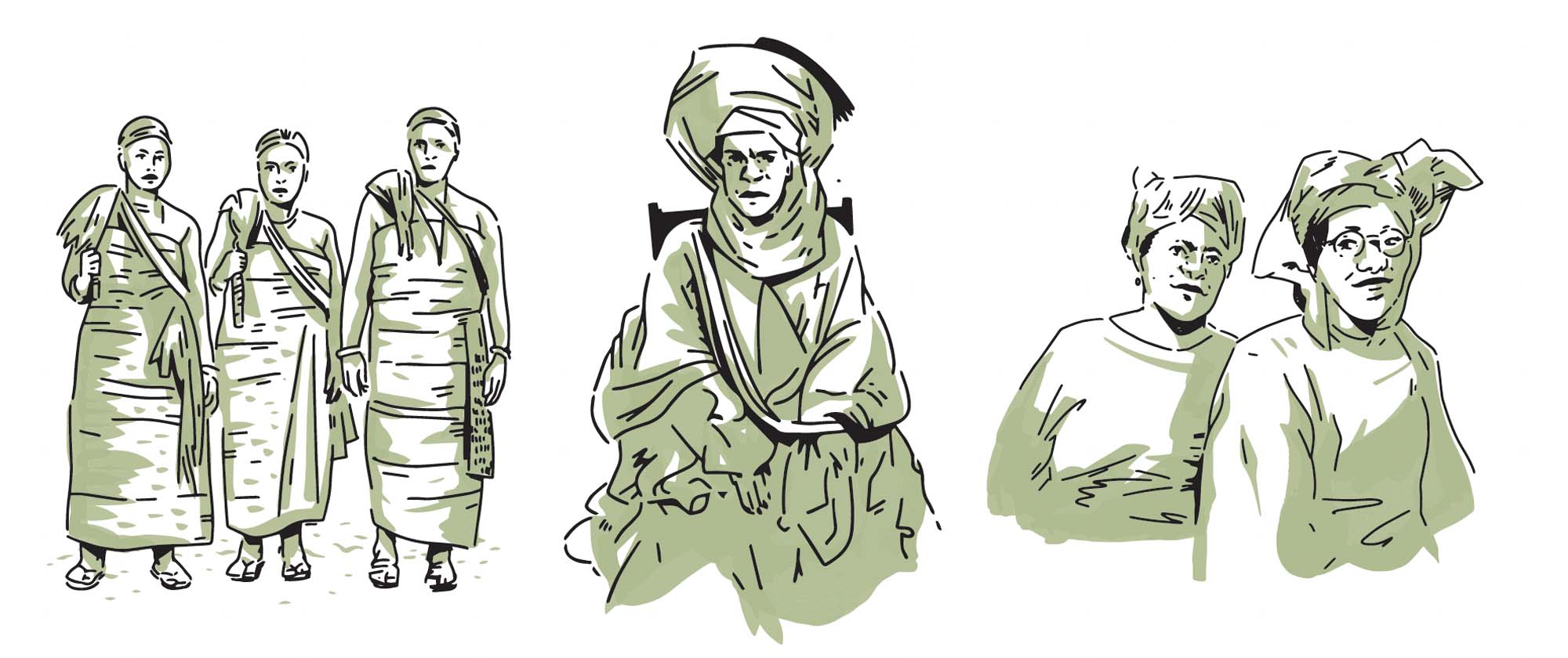 Drawings of women: on the left, three women stand together. In the center, a woman sits in a chair wearing a stern expression. On the right, two women are drawn next to one another.
