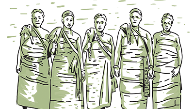 A drawn image of five women dressed in simple, wrapped clothing.