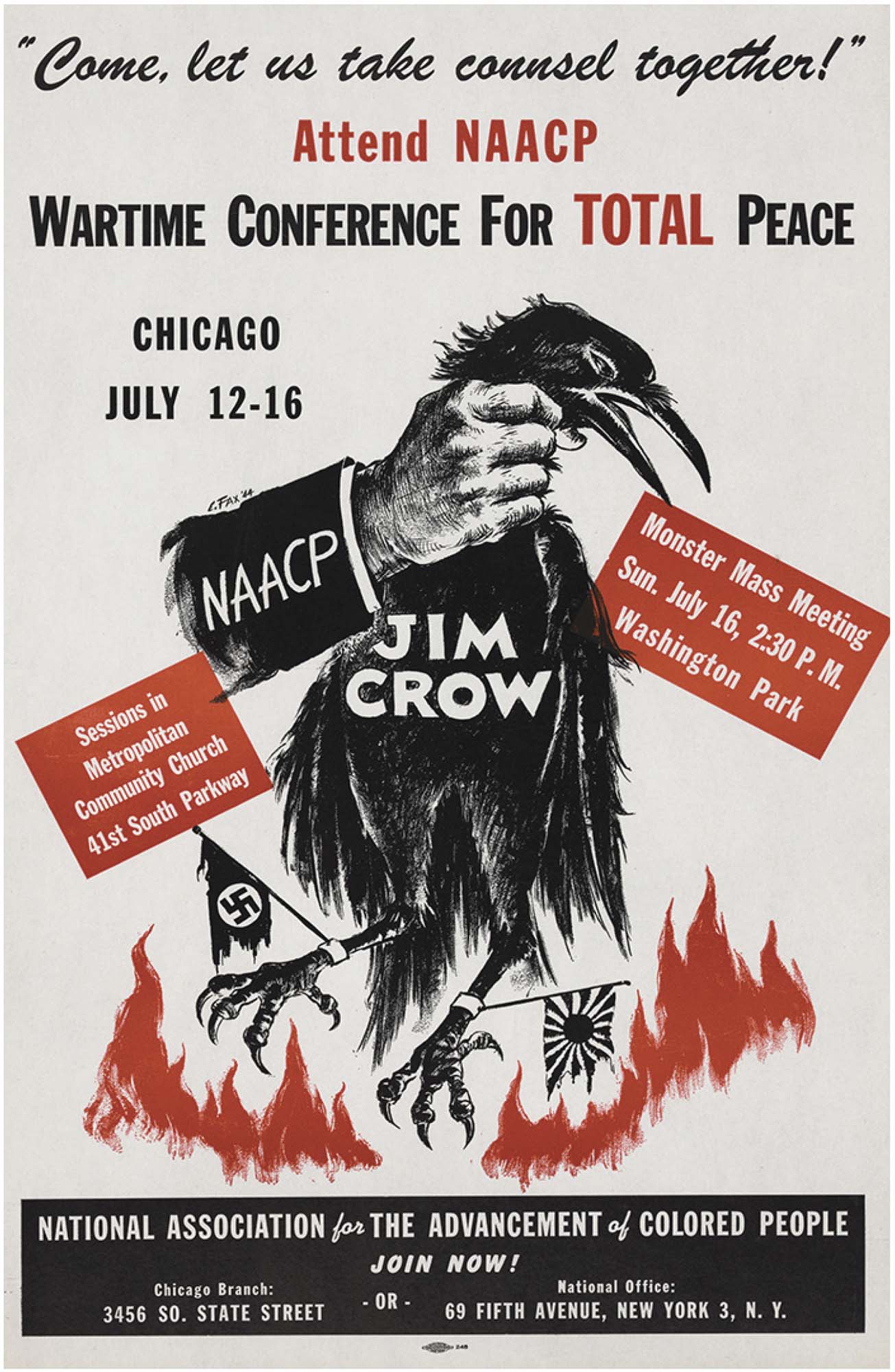 Poster of a hand labelled “NAACP” holding the neck of a crow labelled “Jim Crow” that has flags tied around its ankles. Text across the top reads, “Come let us take connsel together! Attend NAACP Wartime Conference for Total Peace” while the bottom reads, “National Association for the Advancement of Colored People Join Now!”