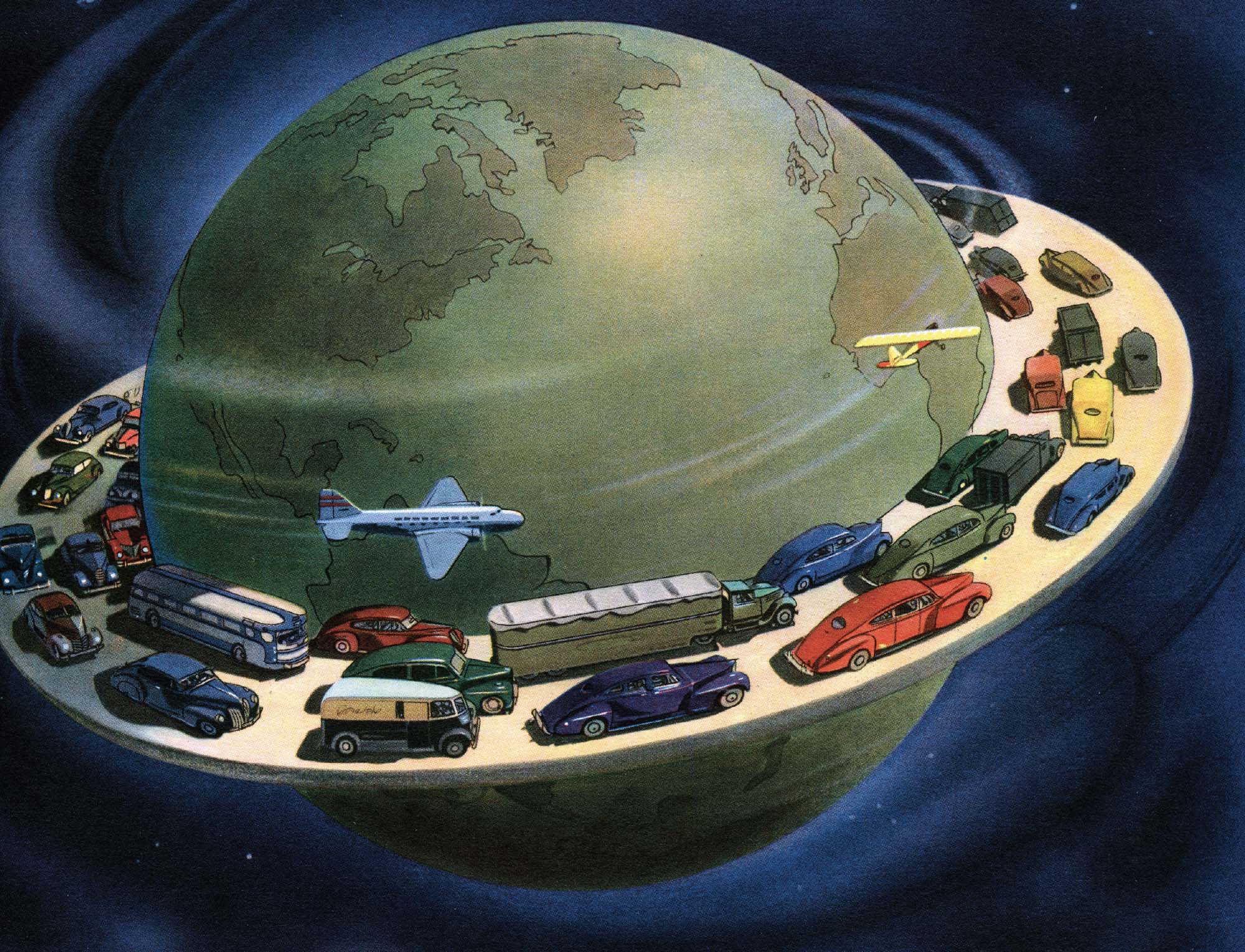 An artwork depicts the planet earth, with a ring around the outside of it. Cars, buses, airplanes, and trucks are driving around on the ring as if they are on a road.