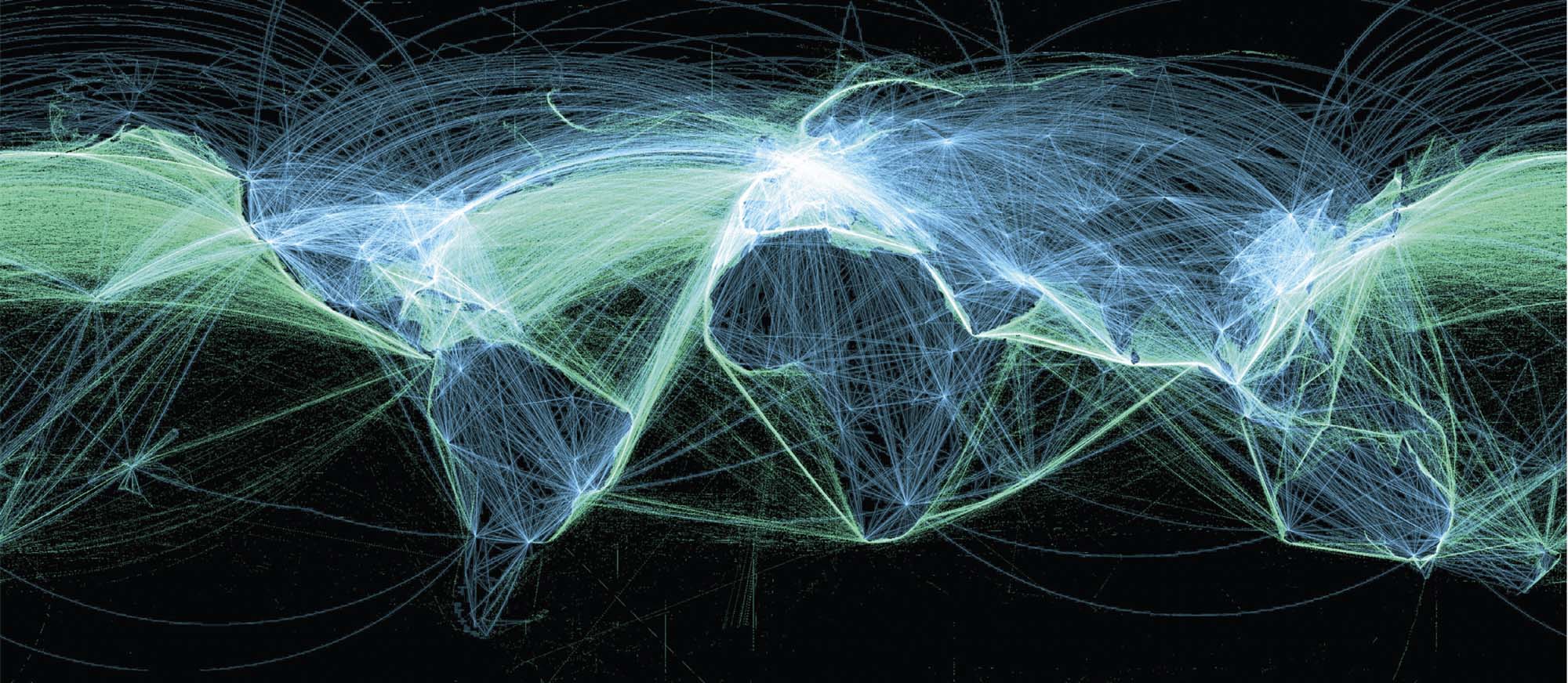 A world map with highlighted global air and sea routes. The routes are shown as thin, highlighted strands, and there are so many of them that the world map is not visible behind the strands.
