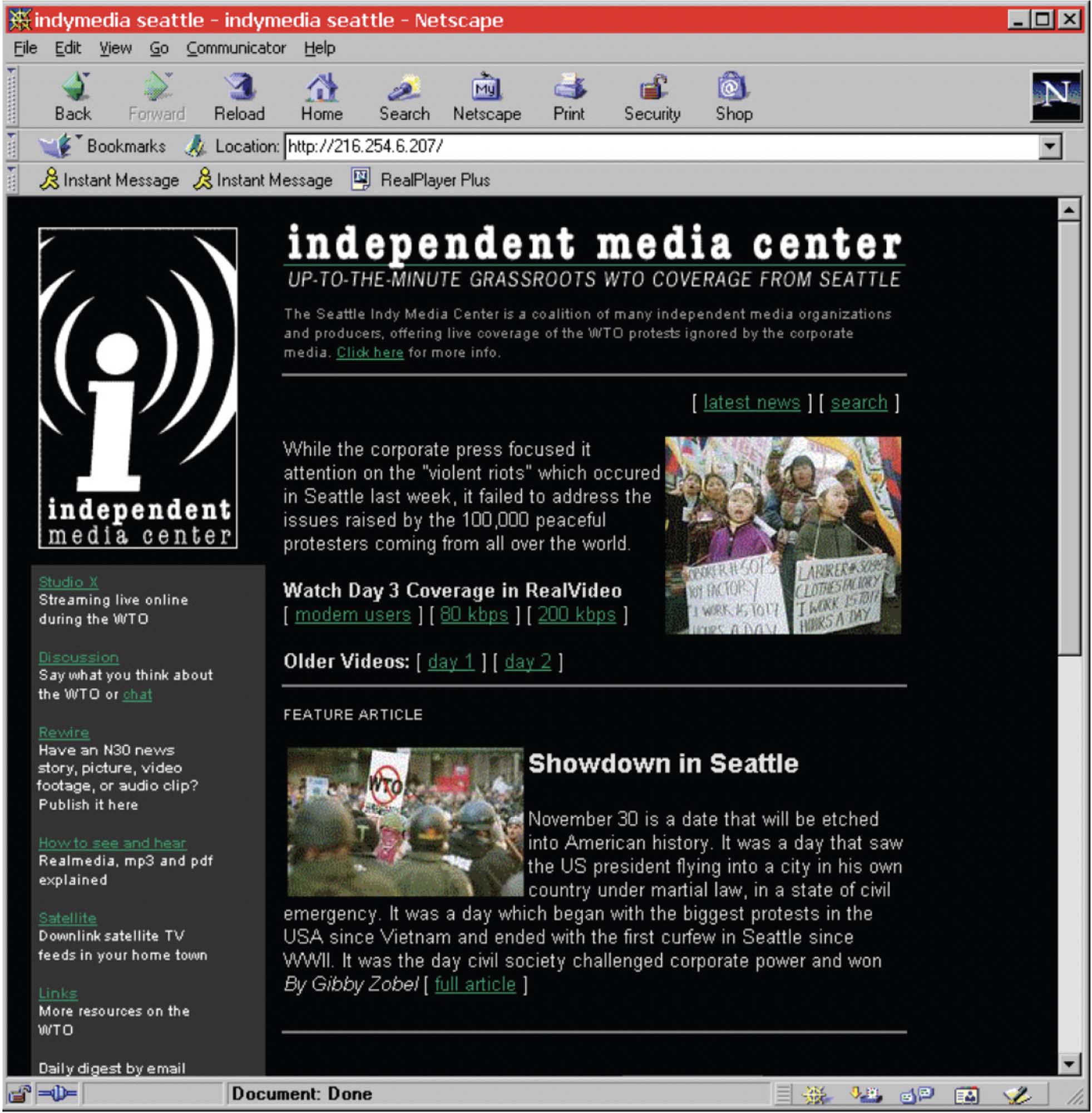 A screenshot of an early website, featuring simple linked pages, a couple of small photographs, and boxes of text.