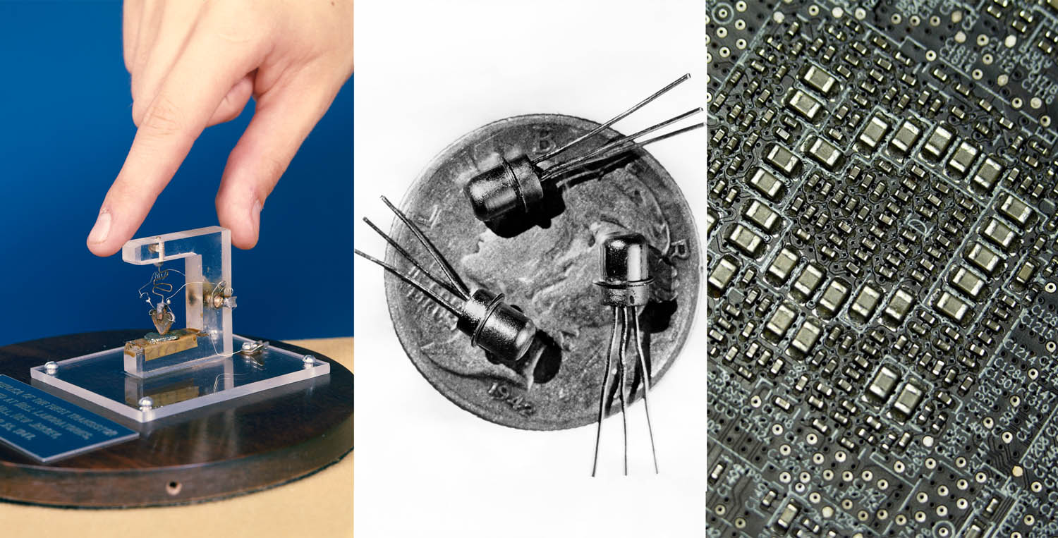 Three panels of photographs showing the evolution of transistors over the decades.