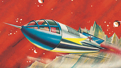 Comic book style illustration of a spaceship blasting off of a remote planet.