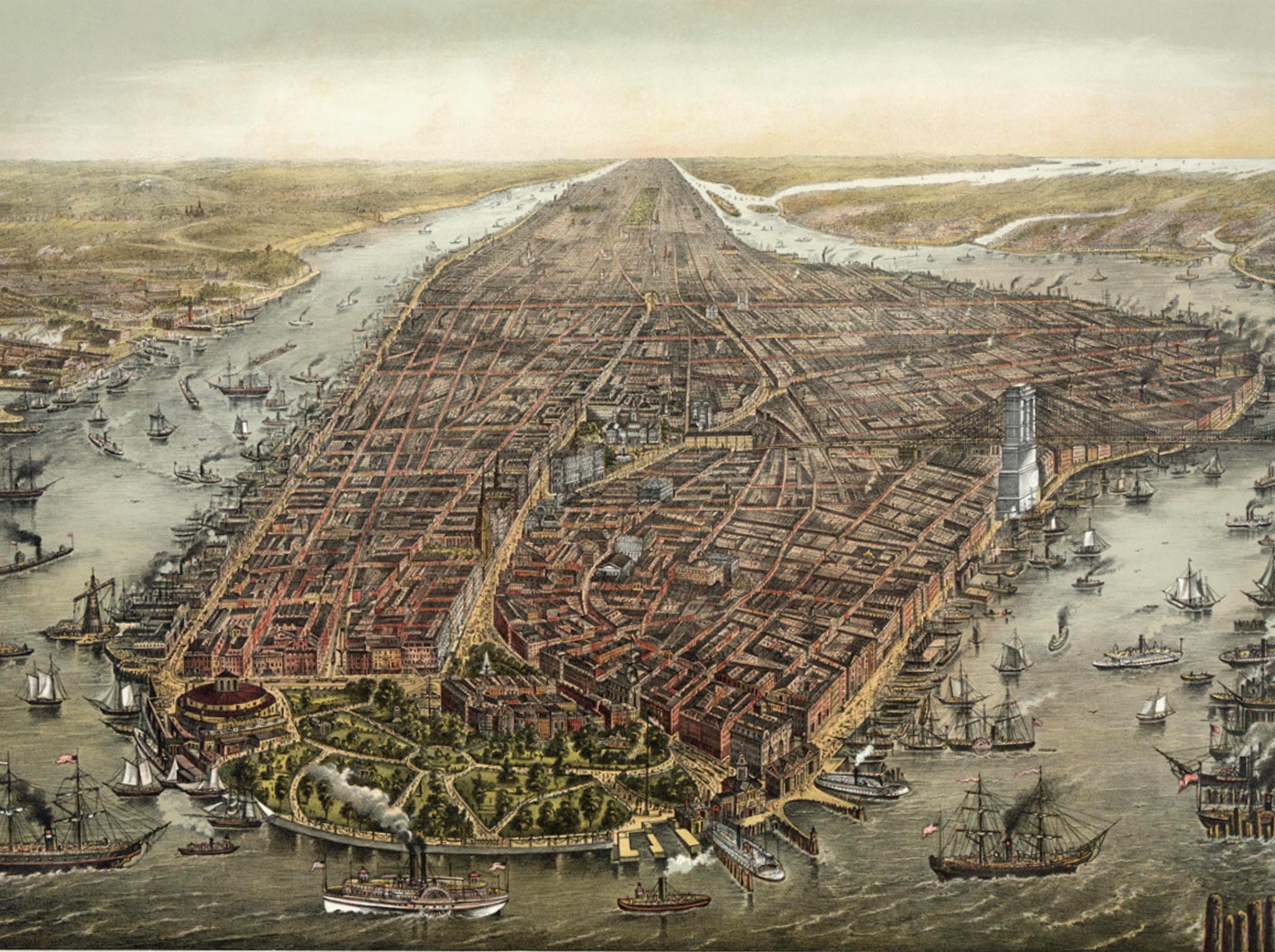 Detailed, illustrated map of Manhattan in 1874. Most buildings are short, with few high rises, and the island is surrounded by ships.