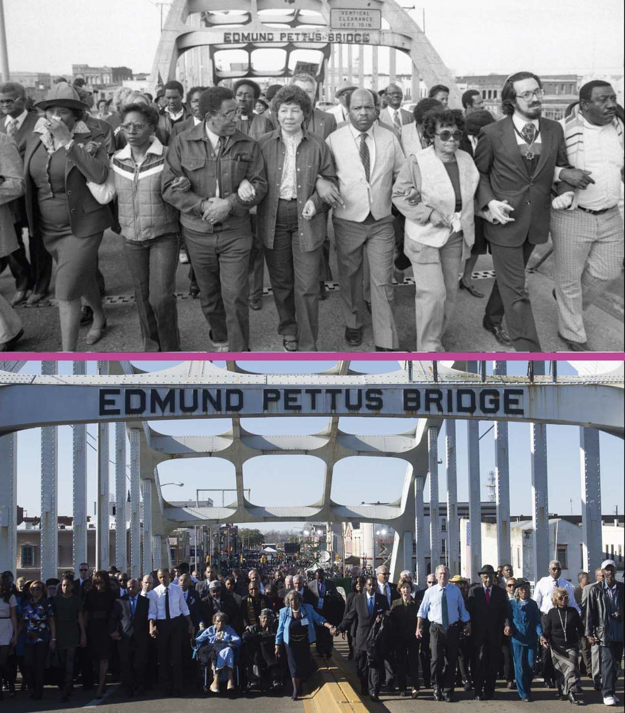 A black and white photo of people gathered at the Edmund Pettus Bridge, and below it a color photo of the same thing, but decades later.